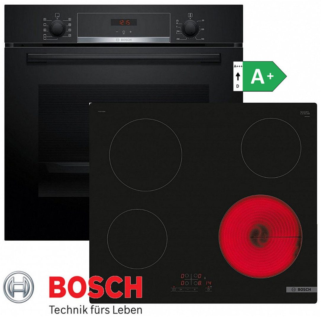 BOSCH Elektro-Herd-Set Bosch Autark Schwarz Backofen 3D Heißluft +Glaskeramik Kochfeld 60cm, mit 1-fach-Teleskopauszug, Kytylyse- Rückwand