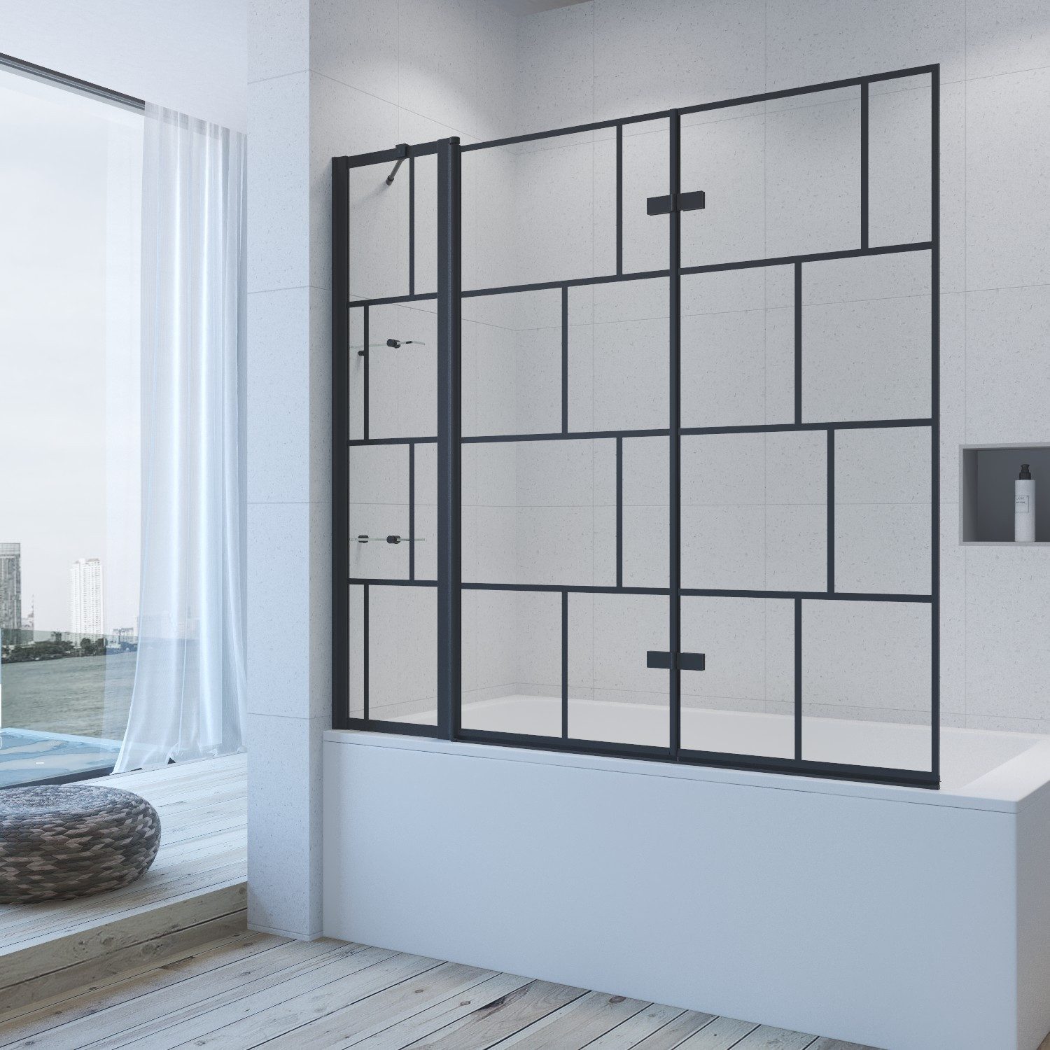 AQUALAVOS Badewannenfaltwand Duschabtrennung Badewannenaufsatz Falttür Glas Duschwand für Badewanne, 5 mm Einscheiben-Sicherheitsglas (ESG) mit Nano einfach-Reinigung Beschichtung, BxH: 150x140 cm, Faltbar und schwenkbar 180°, mit Acryl- Duschablage