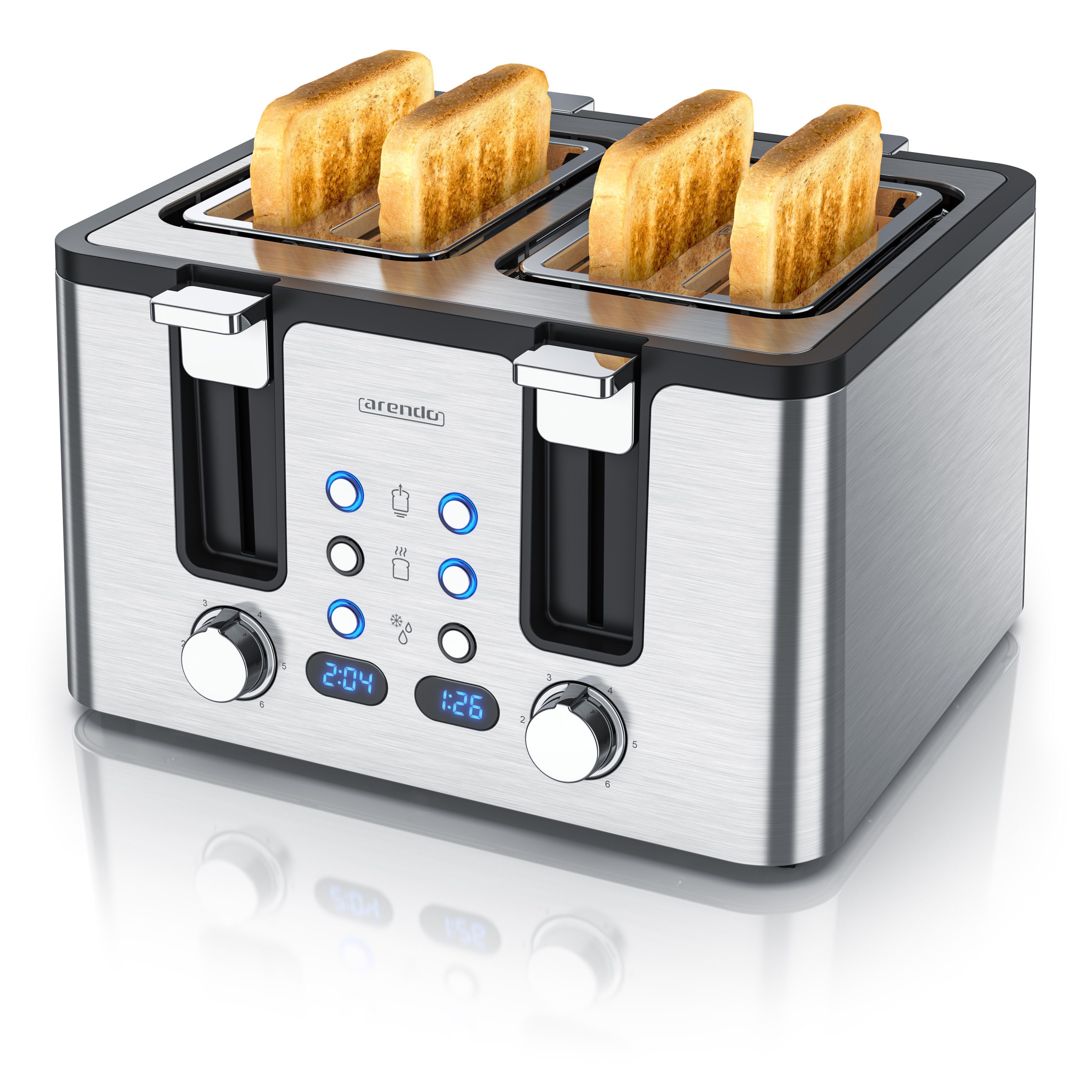 Arendo Тостеры 4-Scheiben, Edelstahl, Brötchenaufsatz, Restzeitanzeige, Silber, 4 kurze Schlitze, für 4 Scheiben, 1750 W, Doppelwandgehäuse, Defrost Funktion, Krümelschublade, 6 Bräunungsgrade