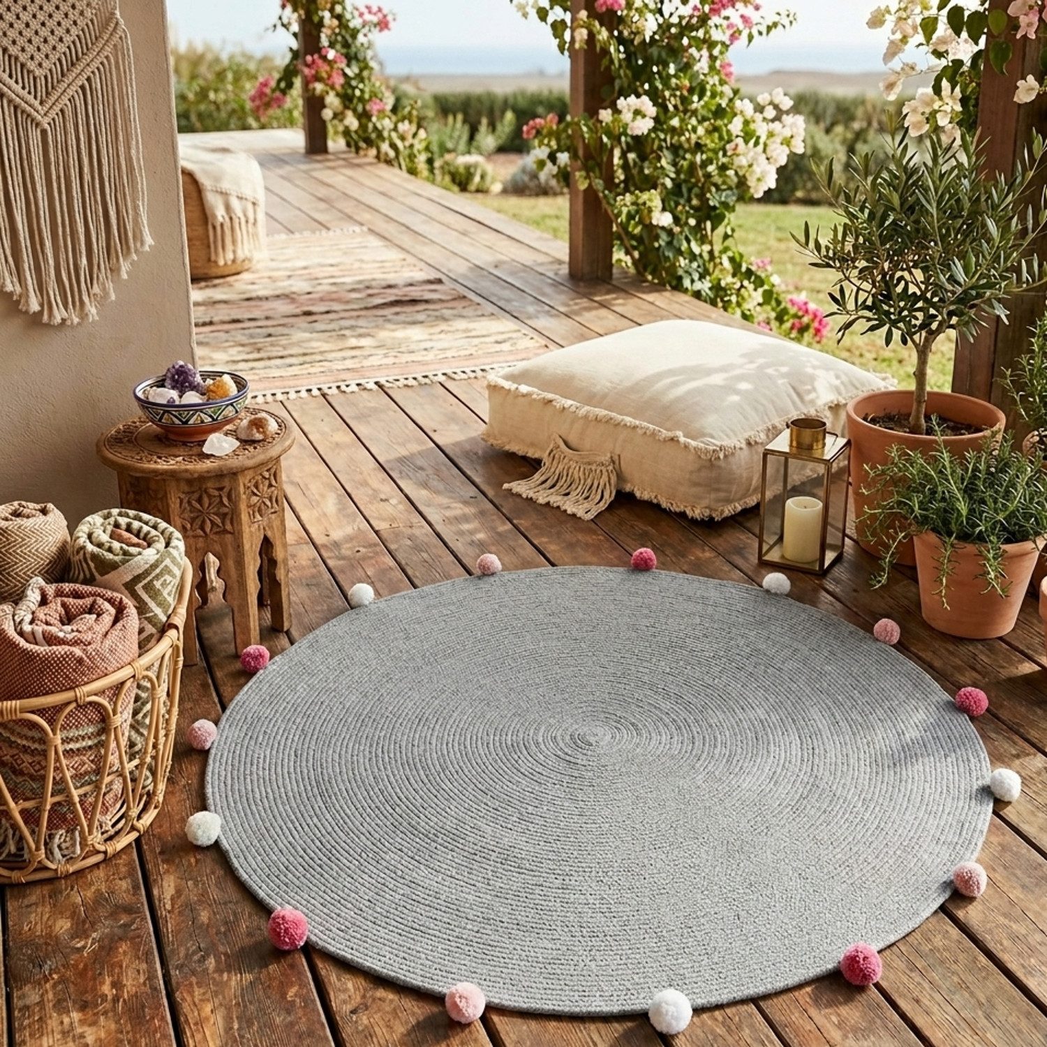 Macosa Home Teppich Rund 90 cm Rosa od. Grau uni mit bunten Bommel, rund, Baumwolle Boho Dekoteppich