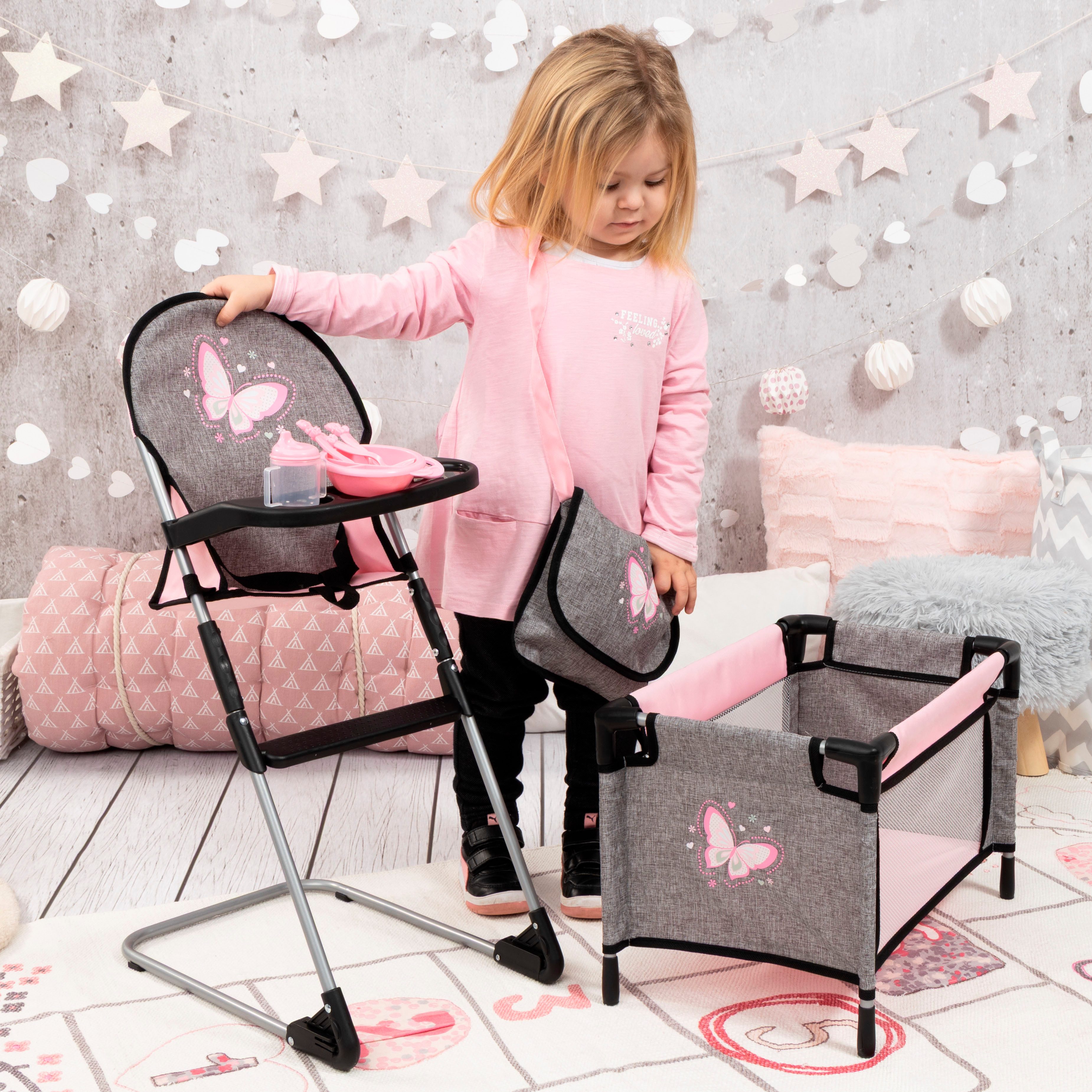 Bayer Puppenbett Puppen-Reisebett-Set (Set, 9tlg), inklusive Hochstuhl, Tasche, Teller, Trinkbecher, Besteck u. Schnuller – Bild 4 von 5