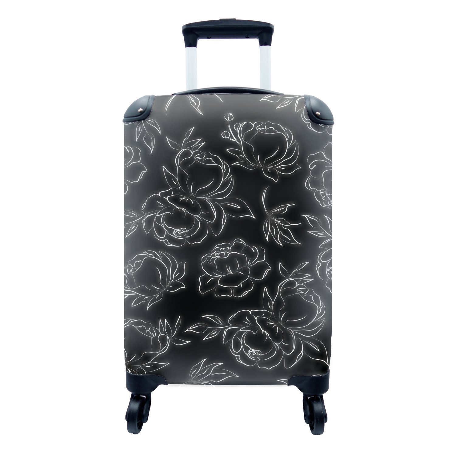 Reisekoffer weiß - Reisetasche Muster Ferien, 4 MuchoWow Linienkunst, Blumen Rollen, Schwarz - Trolley, und für Handgepäckkoffer Handgepäck rollen, mit -