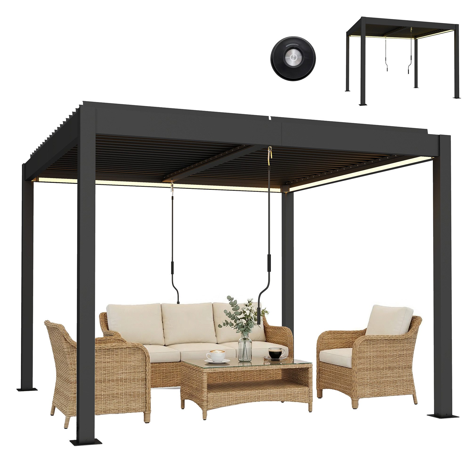 Outsunny Pergola mit LED-Beleuchtung, Fernbedienung, verstellbar Lamellendach, BxTxH: 300x300x250 cm, (Pavillon, 4-tlg., Terrassenüberdachung), Dunkelgrau