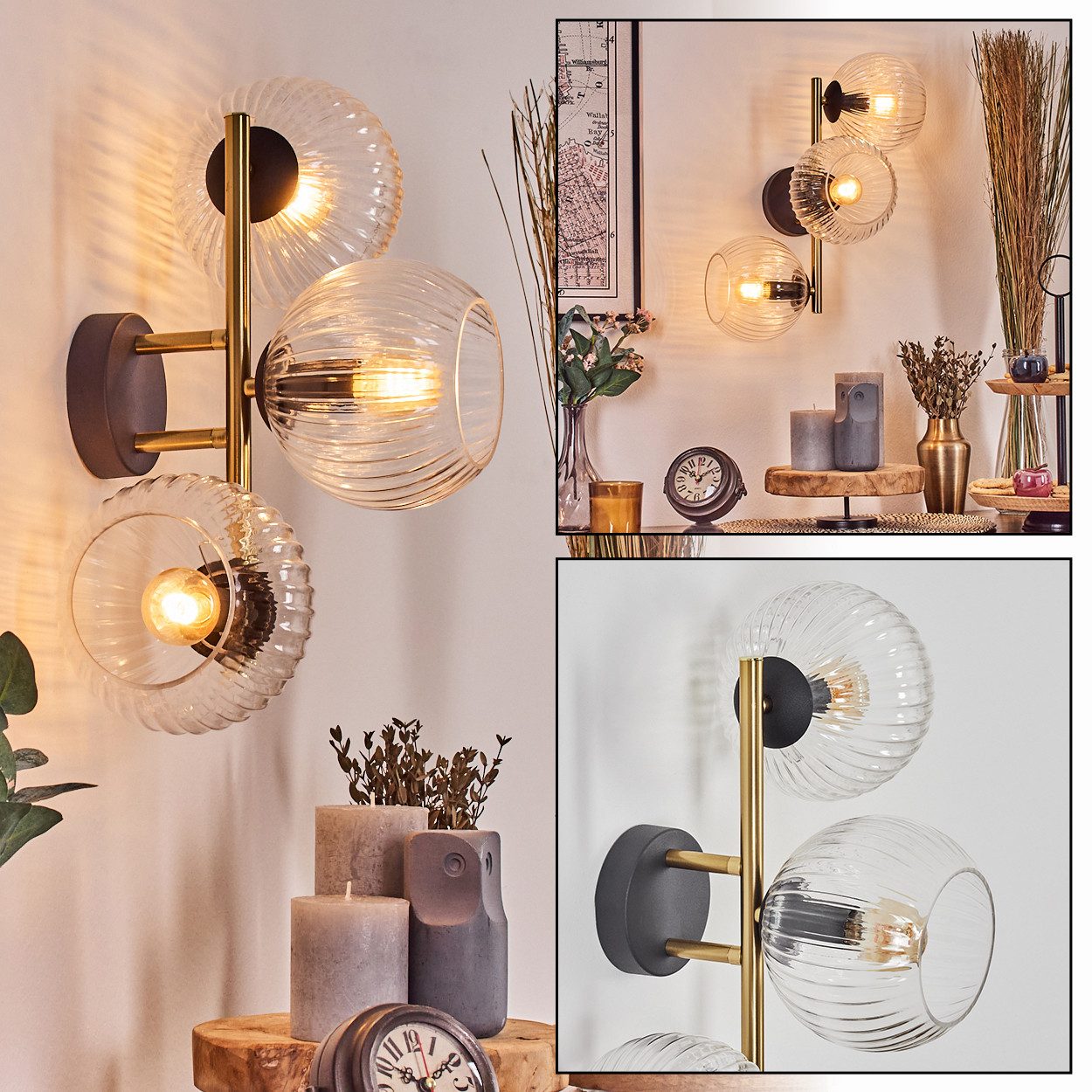 Wandleuchte Wandlampe aus Metall/Riffelglas in Schwarz/Gold/Klar