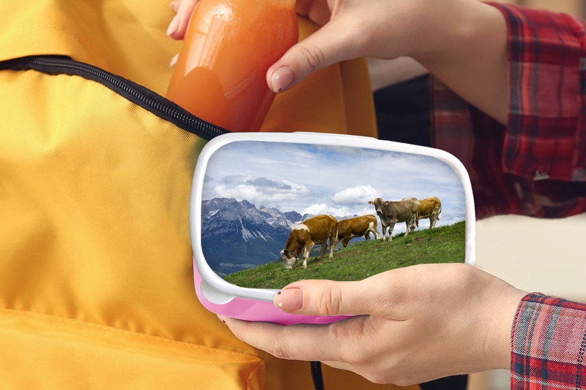 MuchoWow Lunchbox Kühe - rosa Kunststoff, Österreich, für Kunststoff (2-tlg), Mädchen, Snackbox, Brotbox - Landschaft Kinder, Erwachsene, Brotdose