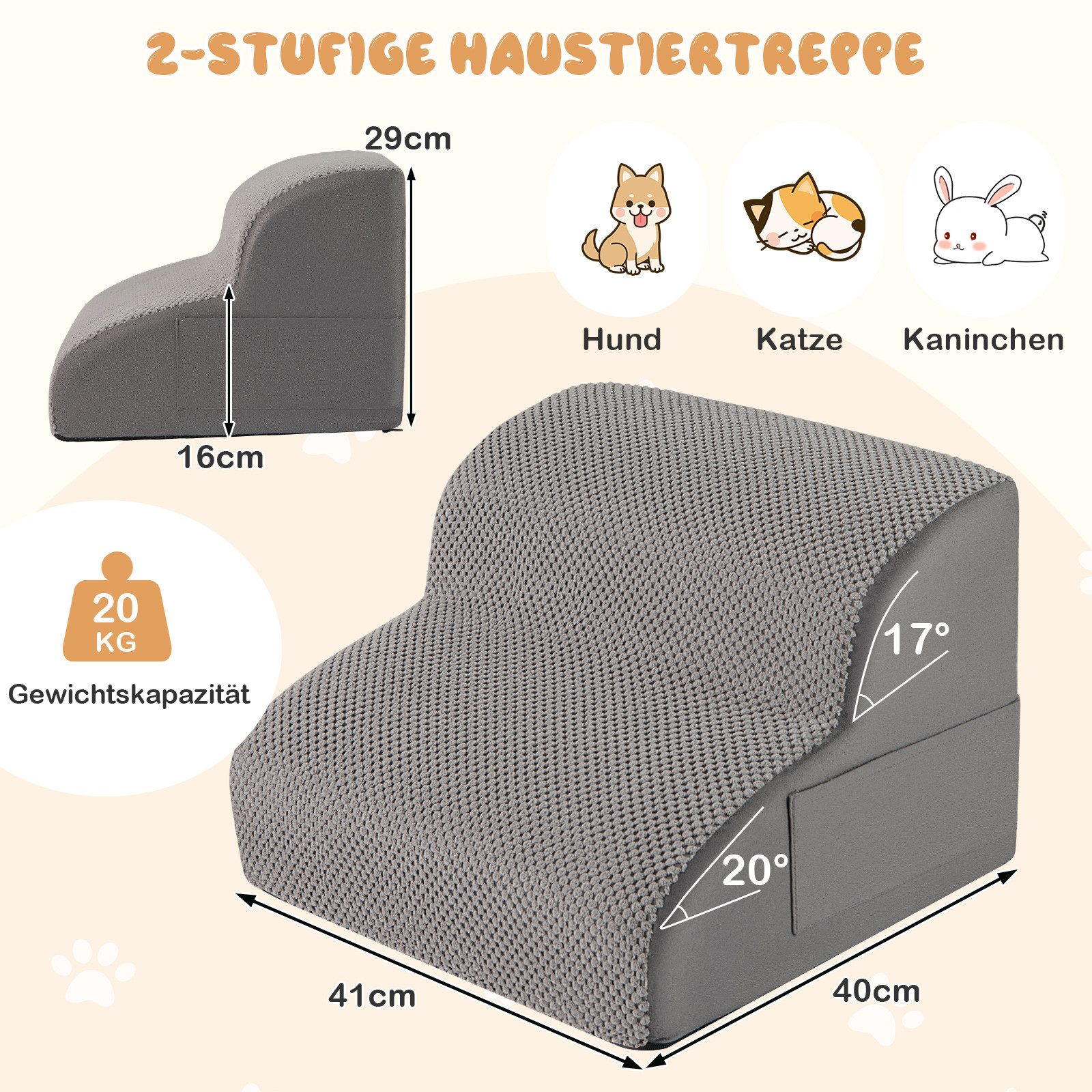 KOMFOTTEU Haustiertreppe, Hundestufen mit 2 Stufen, abnehmbarem Bezug