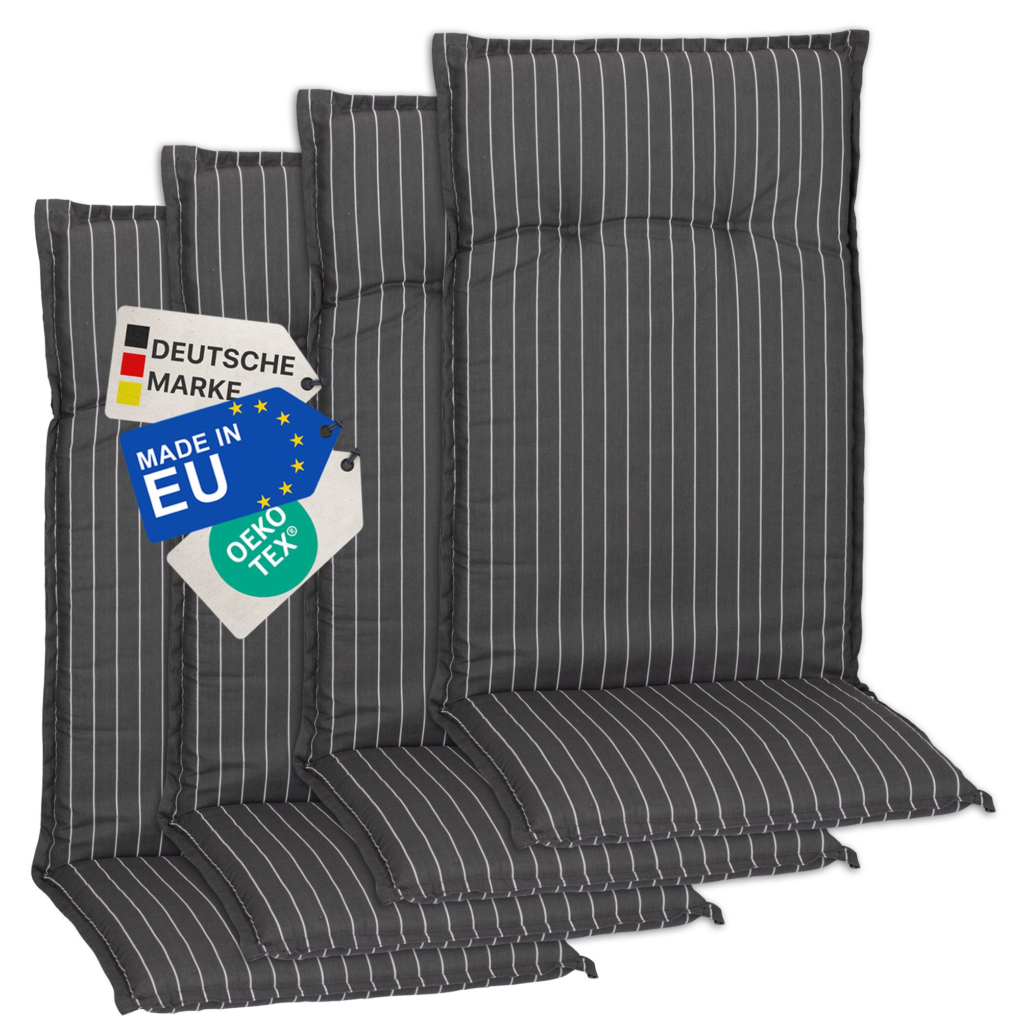 NYVI Hochlehnerauflage Hochlehner Auflagen 4er Set Barcelona - Gartenstuhlauflagen 118x50cm, (4 St), Stuhlauflage, Sitzauflage mit Halteband, UV-fest, Streifen gestreift