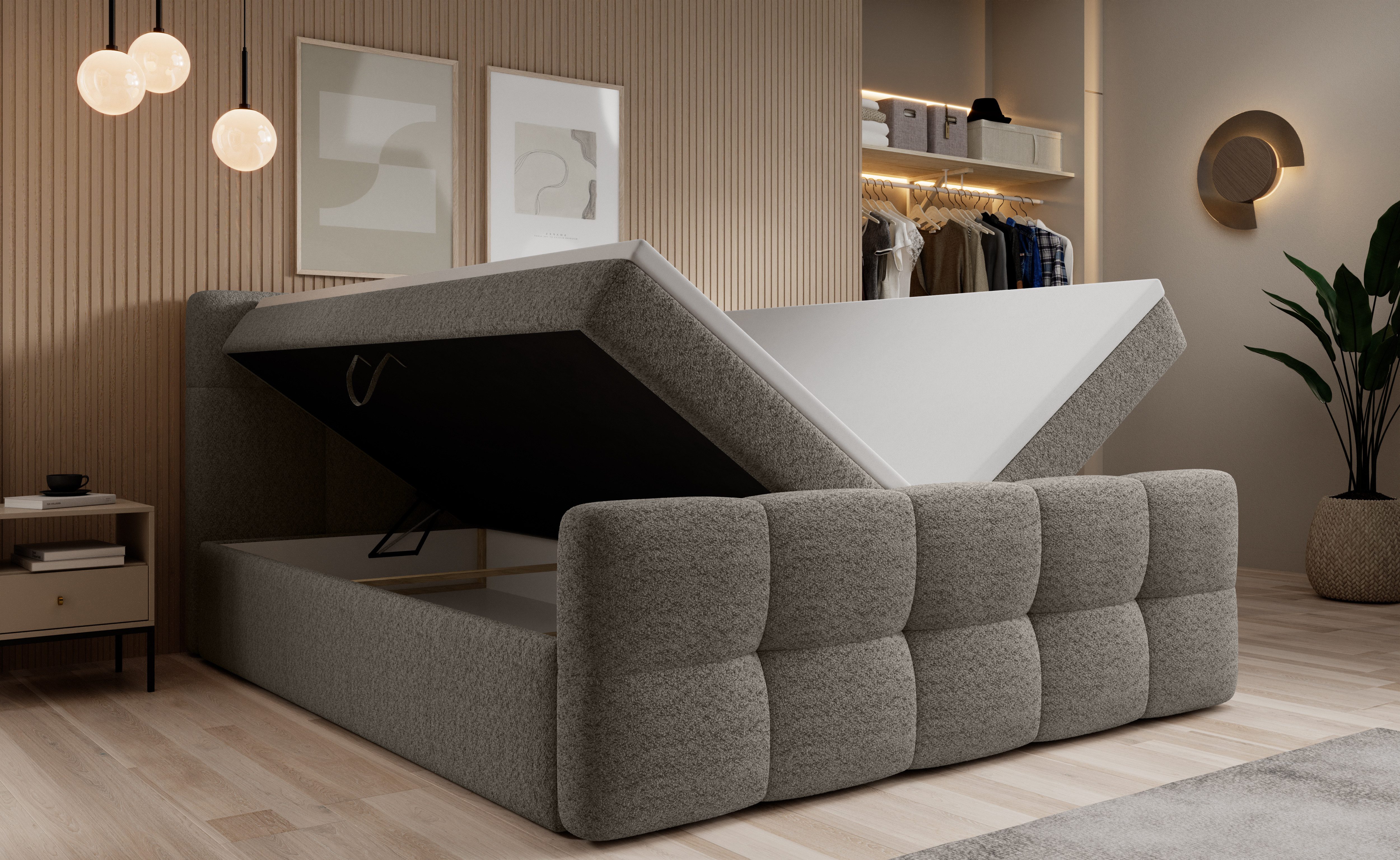 thematys Boxbett mit Bettkasten 140x200–200x200 cm – Velours oder Bouclé Bezug – (Polsterbett Bonnellfederkern Matratze H3 + Gratis 3cm Topper, Boxbett - Luxus Doppelbett mit Stauraum)
