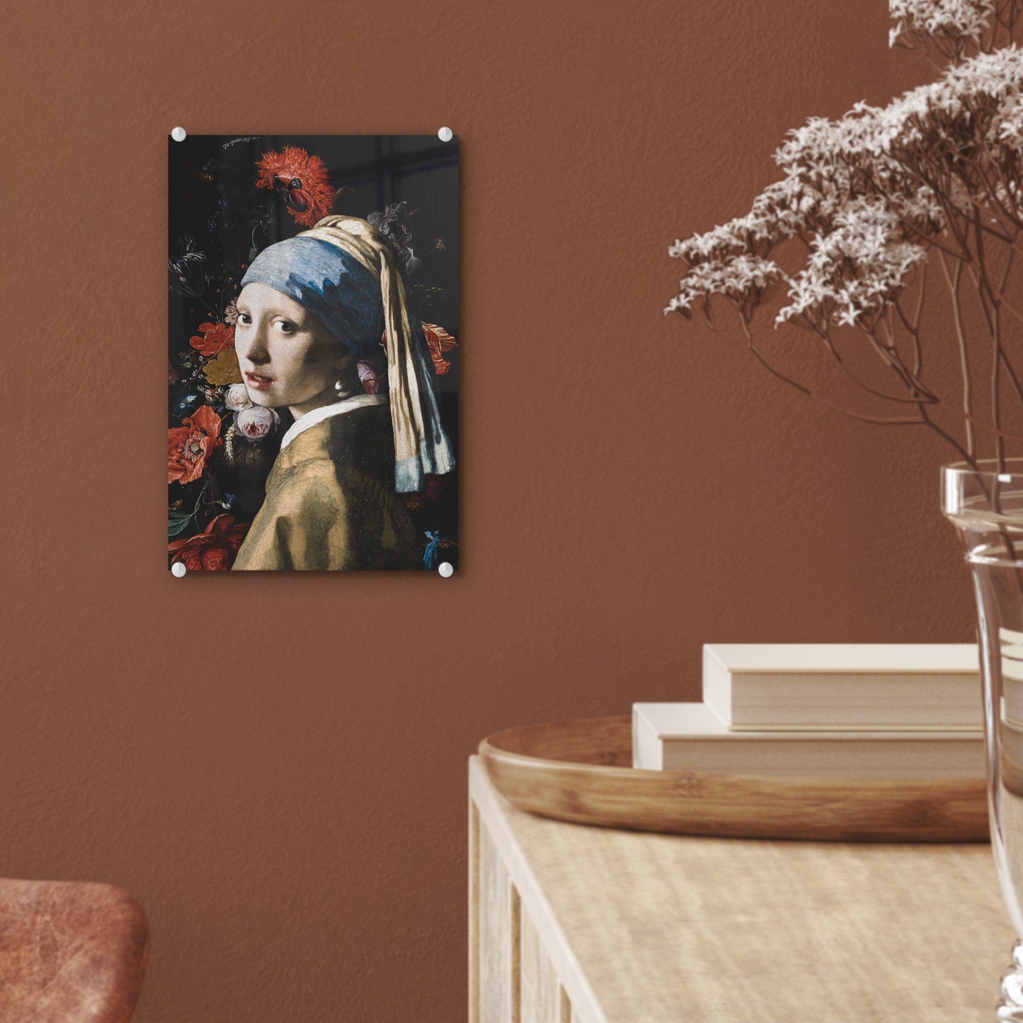 Vermeer Glas bunt Foto Blumen MuchoWow Mädchen Wanddekoration - Rot, auf Glasbilder Glas Bilder - - St), - mit Wandbild Johannes Perlenohrring auf - Acrylglasbild - (1