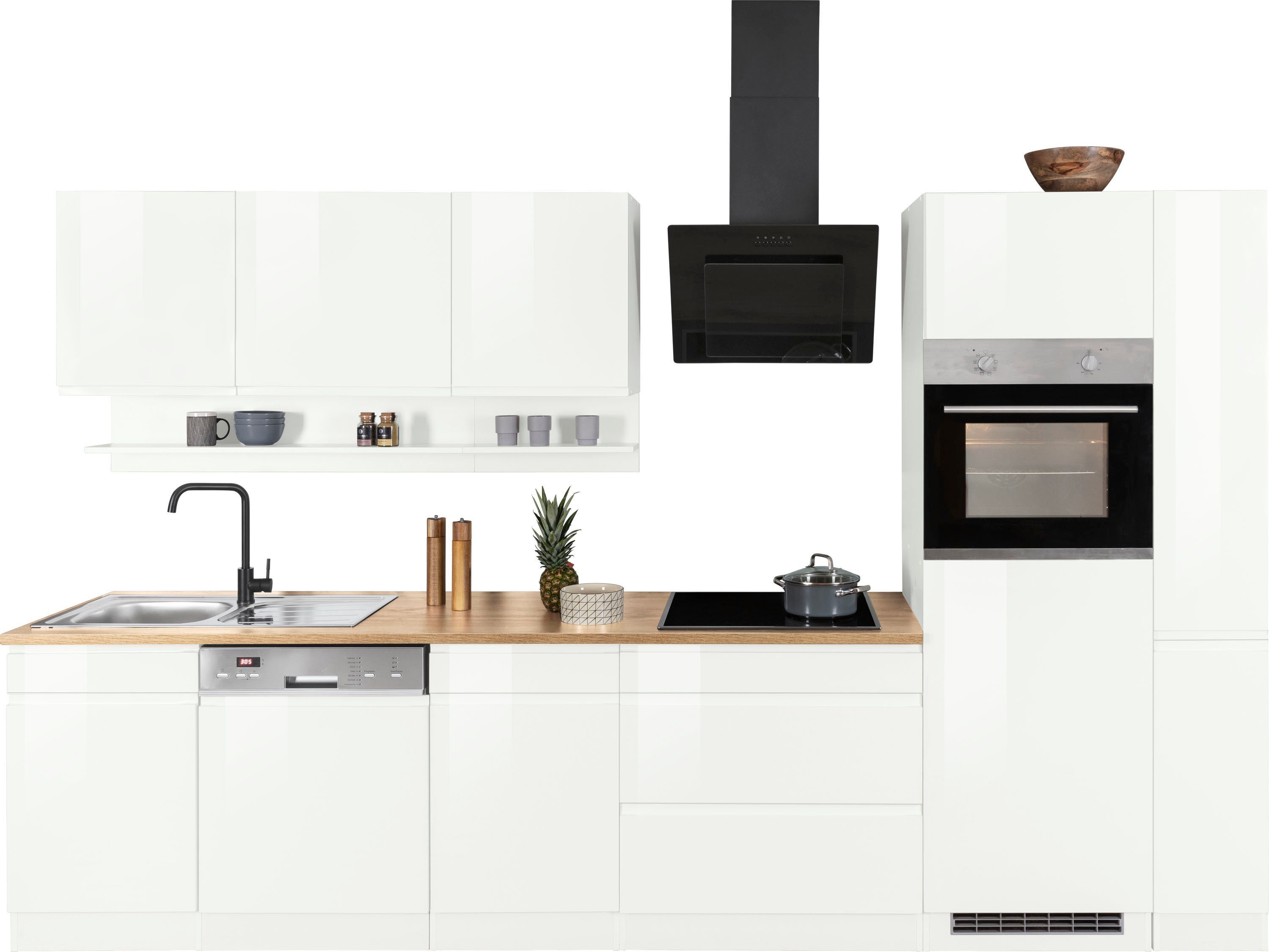 HELD MÖBEL Küche Virginia, Breite 330 cm, mit E-Geräten weiß hochglanz/weiß-wotaneiche | weiß Hochglanz | weiß | Küchenzeilen mit Geräten