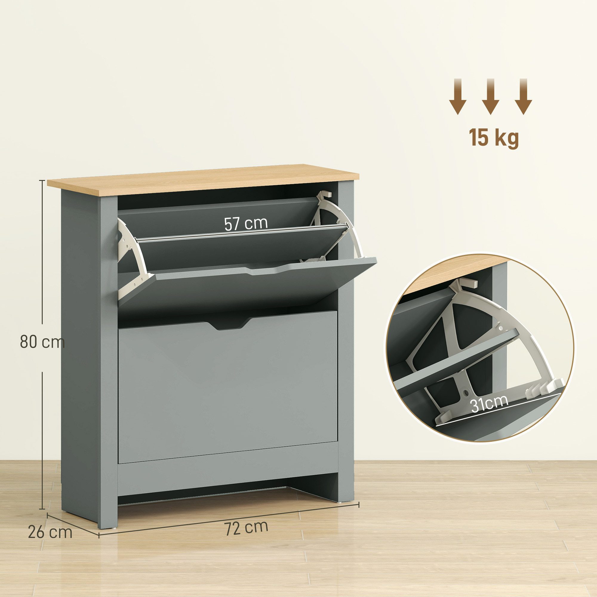 HOMCOM Schuhkipper verstellbar Trennwand Schuhregal (Schuhkommode, 1 St., Schuhaufbewahrung), für 12 Paar Schuhe 72 x 26 x 80 cm, Hellgrau