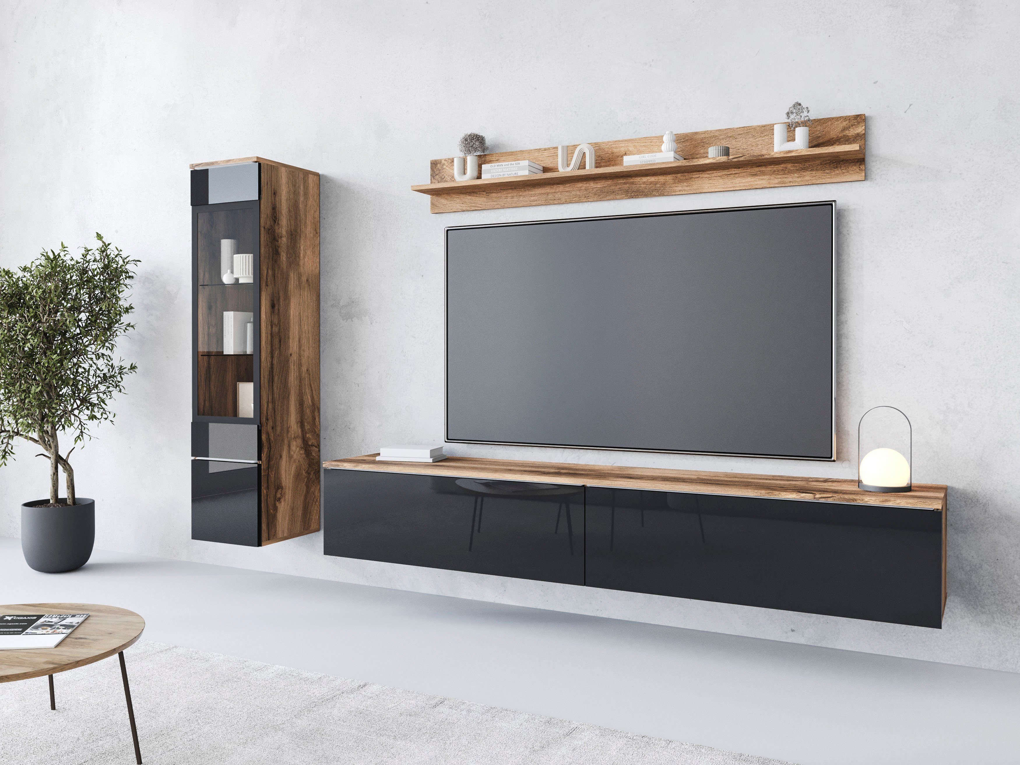 INOSIGN Wohnwand VERA I, Vitrinen Türanschlag links/rechts wechselbar, (Komplett-Set, 3-St), Mediawand 230 cm, Vitrine mit Verglasung, stehend und hängend