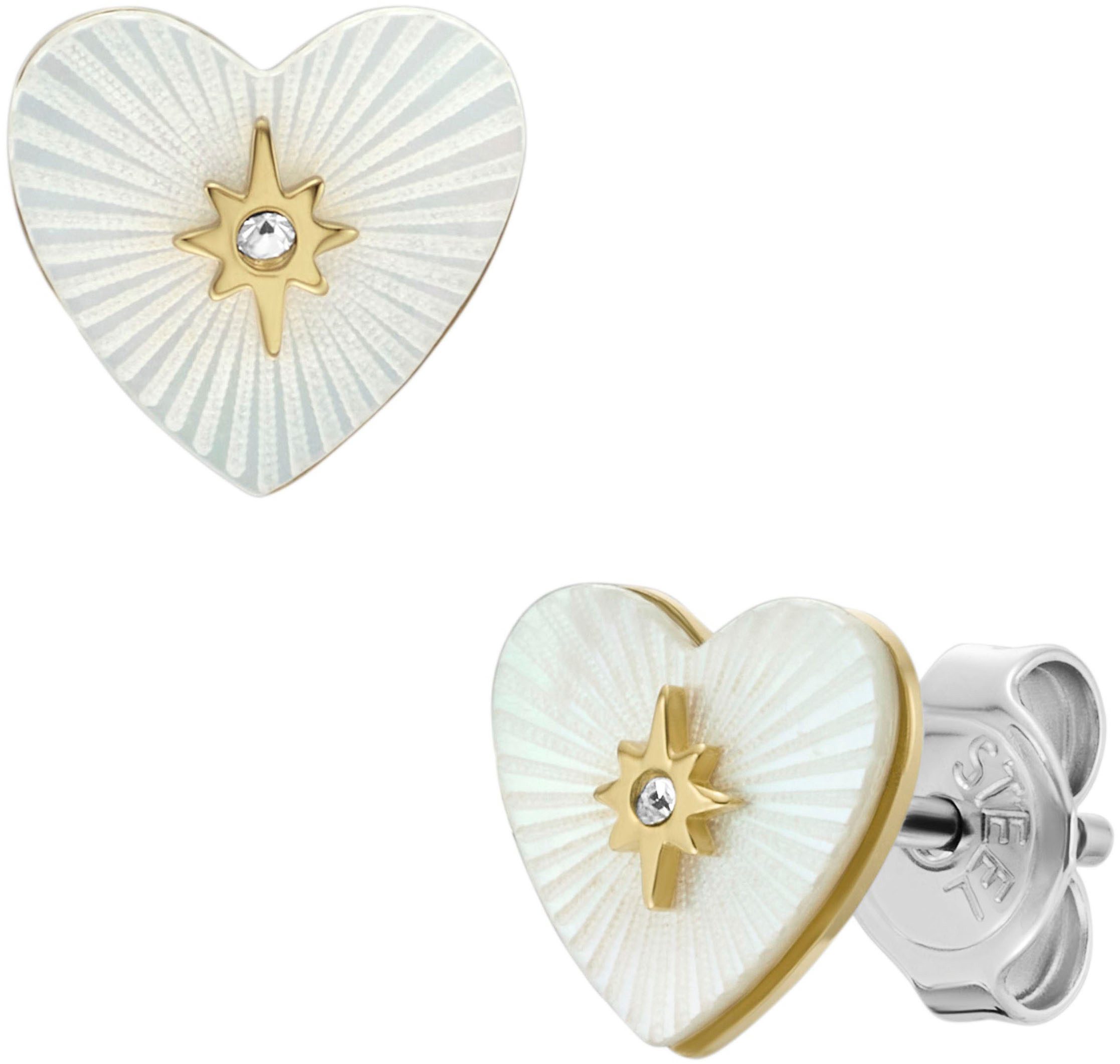 Fossil Paar Ohrstecker Schmuck Geschenk Edelstahl RADIANT LOVE HEART, JF04732710, mit Glasstein - mit Perlmutt