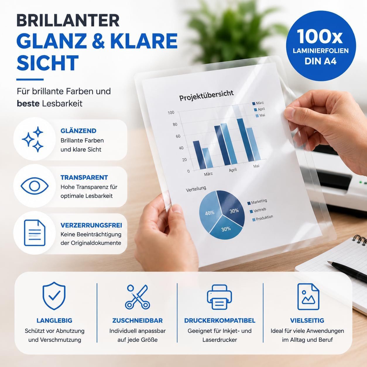 TK Gruppe Laminierfolie 100x Laminierfolien DIN A4 – Folien Laminiertaschen transparent