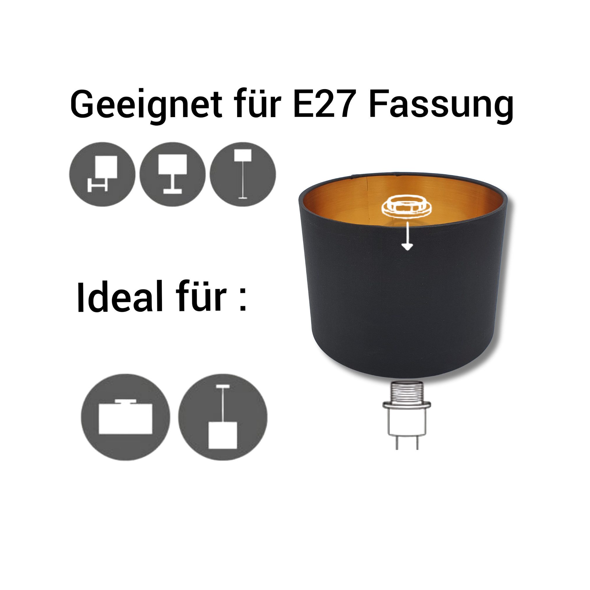 Lichthandel Hoch Lampenschirm Schwarz Gold Rund Retro Vintage Stofflampensc günstig online kaufen