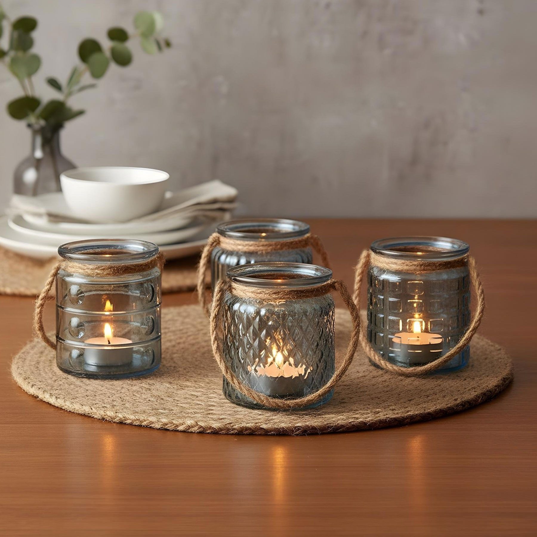 Levandeo® Teelichthalter, 4er Set Windlicht Glas Blau Grau H10cm Teelichthalter Tischdeko Kerzen