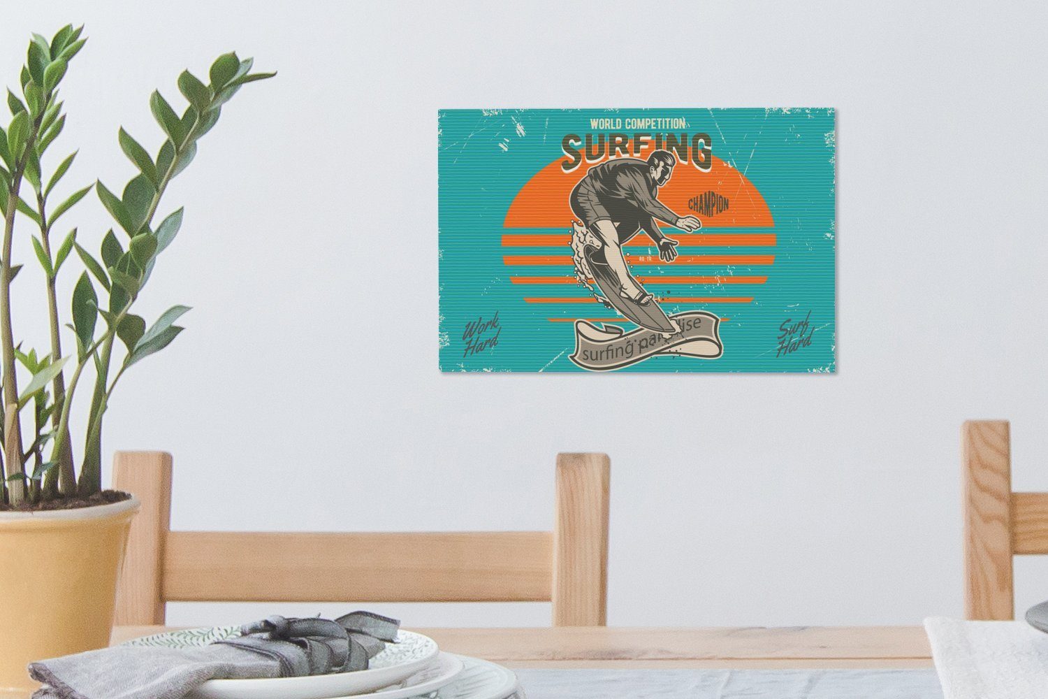 cm Leinwandbilder, Leinwandbild Vintage 30x20 - (1 Wandbild Wanddeko, - Surfbrett, Aufhängefertig, OneMillionCanvasses® Surfen St),