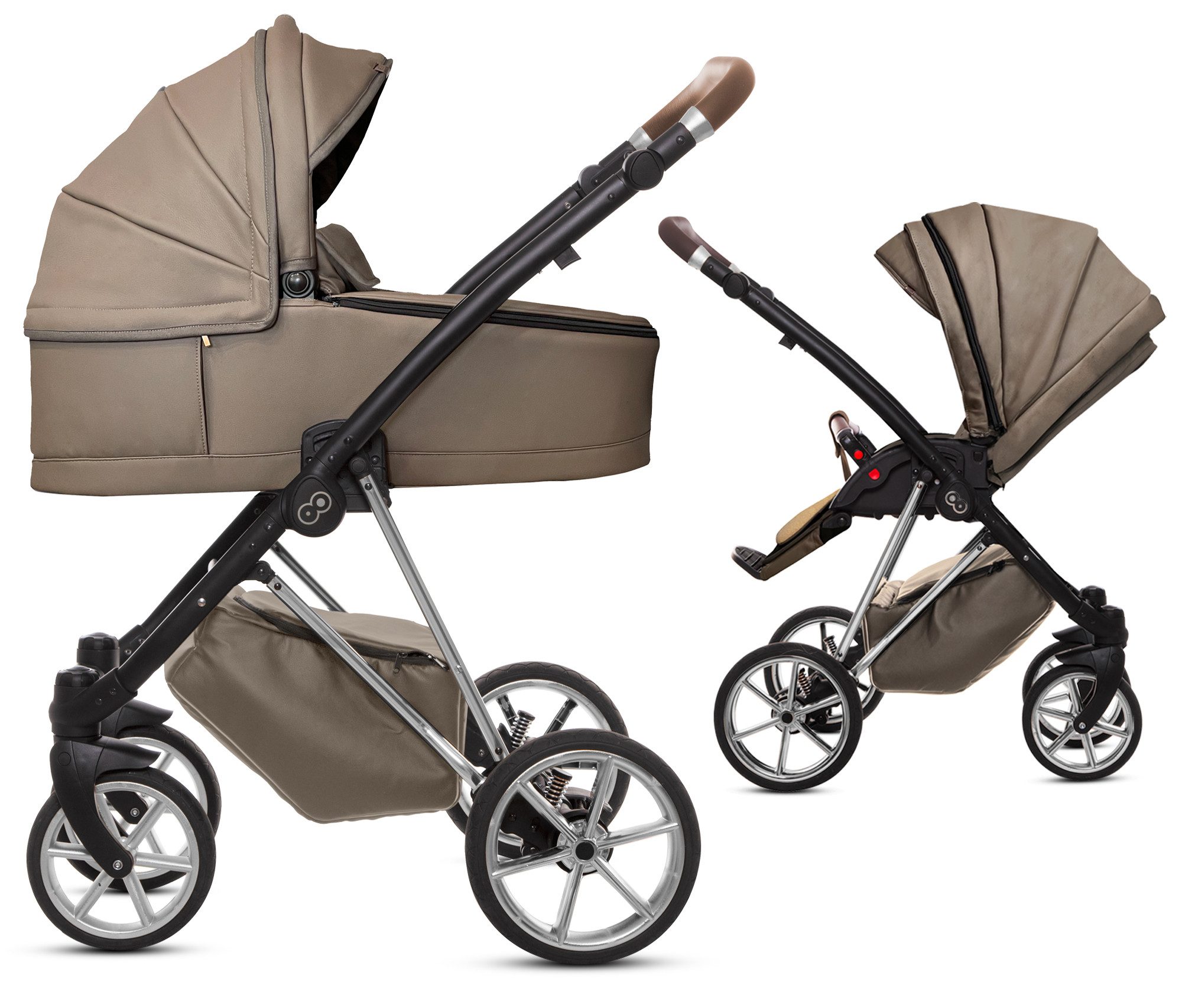 TPFFamily Kombi-Kinderwagen 2in1 Musse Royal, Baby Buggy Babywanne 5-Punkt-Sicherheitsgurt, Zubehör-Set Kinderwagen 2 in 1 Kunstleder Grau, Gestell Silber