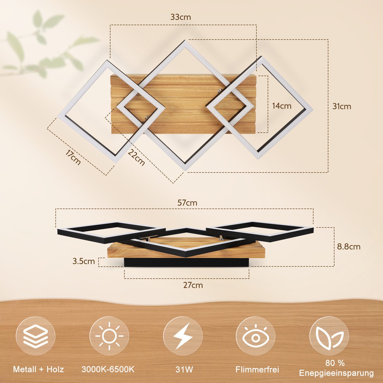 Nettlife LED Deckenleuchte Holz 3eckig dimmbare Fernbedienung Schwarz moderne Deckenlampe, LED fest integriert, für Schlafzimmer Küche Flur Büro 31W 57CM – Bild 3 von 5