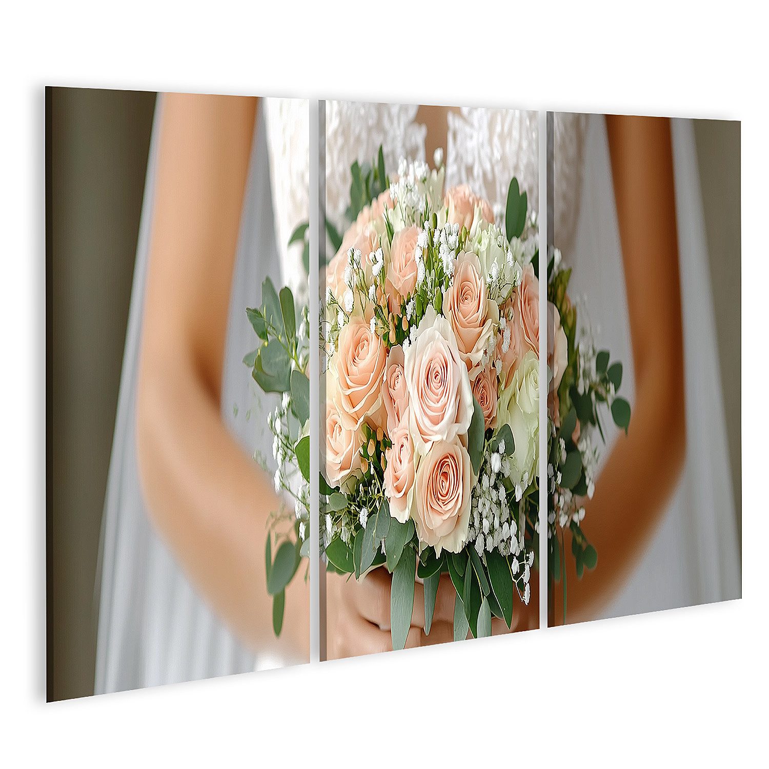 islandburner Leinwandbild, Braut mit elegantem Blumenstrauß aus Rosen und Grünzeug