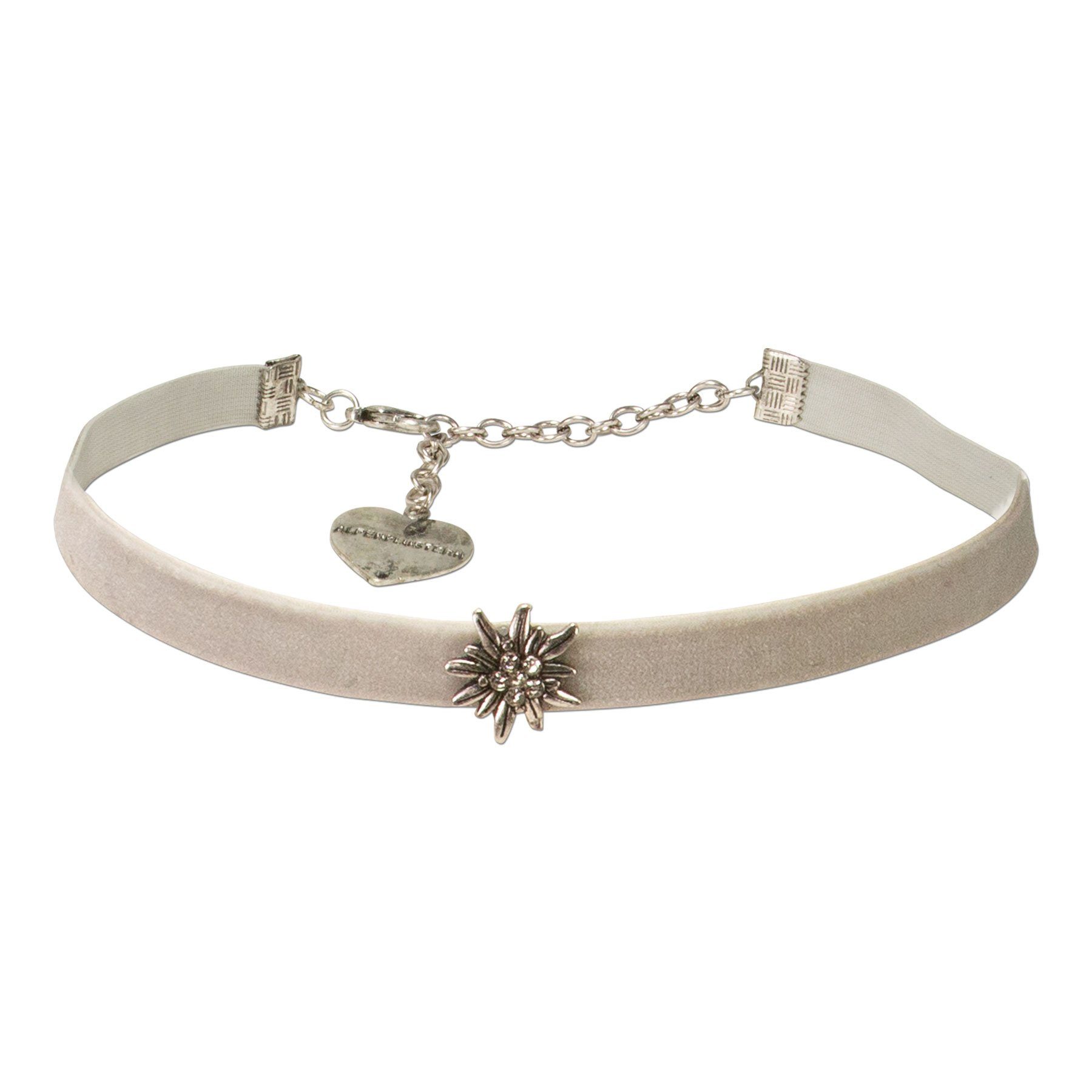 Alpenflüstern Ketten-Set Trachtenschmuck-Set Trachten-Samt-Kropfband und Ohrstecker Strass-Edelweiß mini (grau), - Damen-Trachten-Schmuck, Trachtenset Trachtenkette und Trachten-Ohrringe