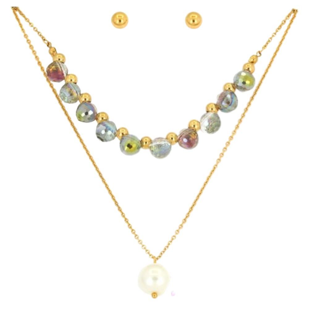 BUNGSA Kette mit Anhänger Schmuckset Doppel-Kette Perlen Kugel Ohrstecher Gold Edelstahl Damen (1-tlg), Halskette Necklace