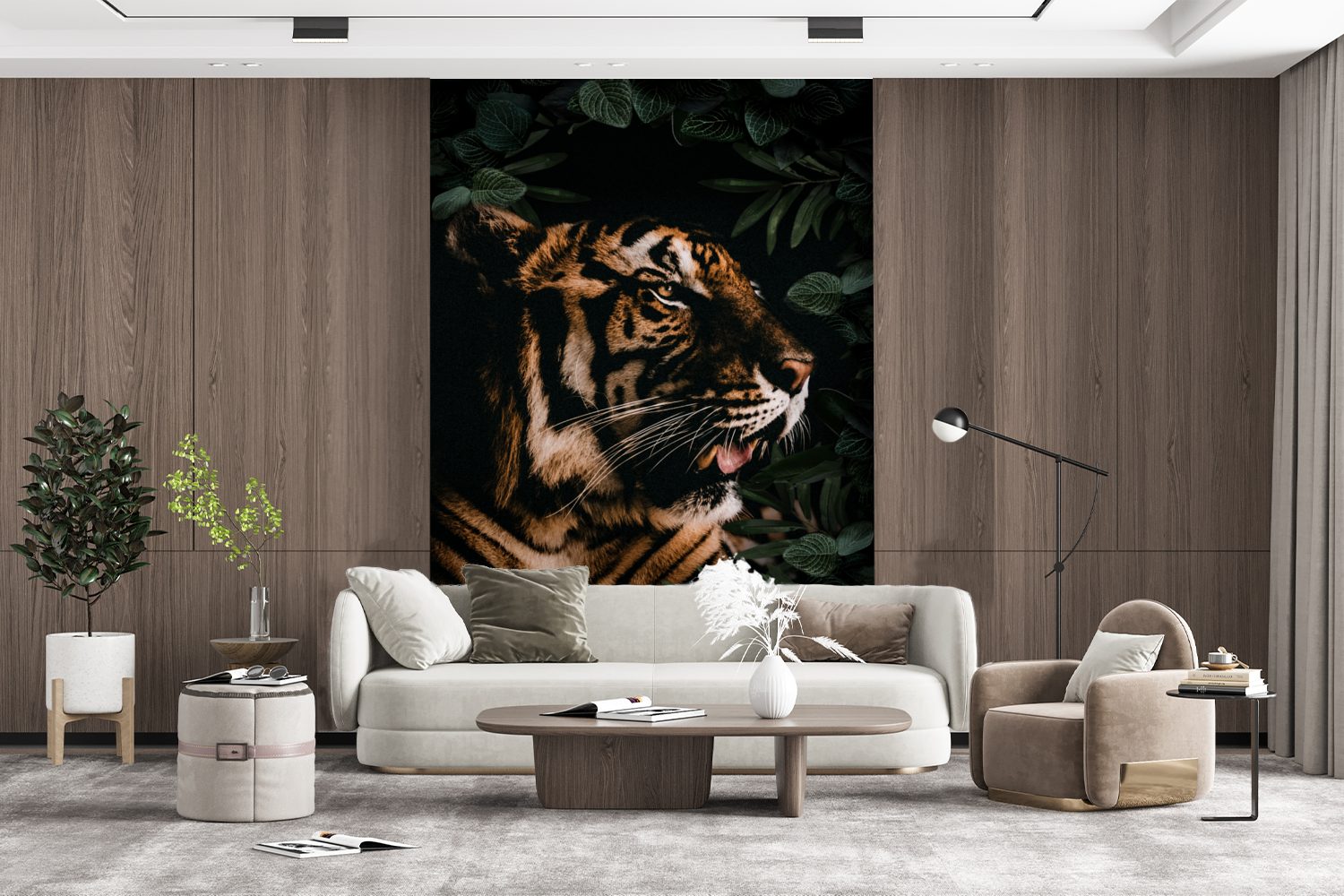 Tiger Fototapete Pflanzen, Vinyl Wandtapete Tapete bedruckt, Brüllen für - Montagefertig MuchoWow Matt, (3 St), - Wohnzimmer,