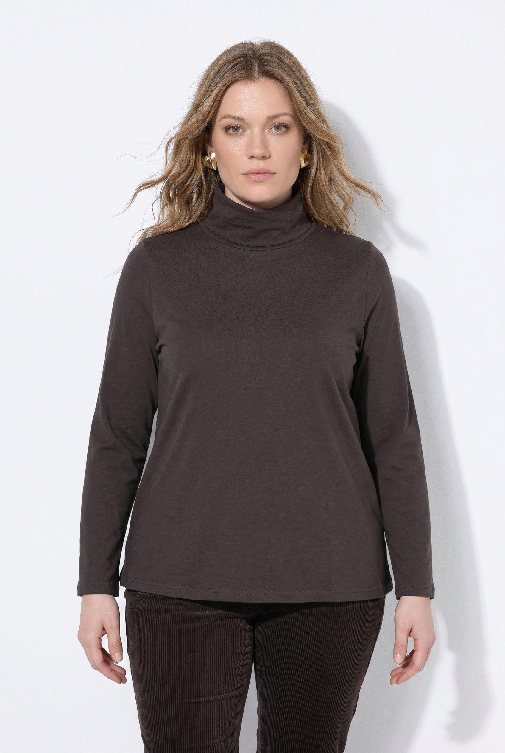 Ulla Popken T-Shirt Shirt Rollkragen Slim Langarm Biobaumwolle