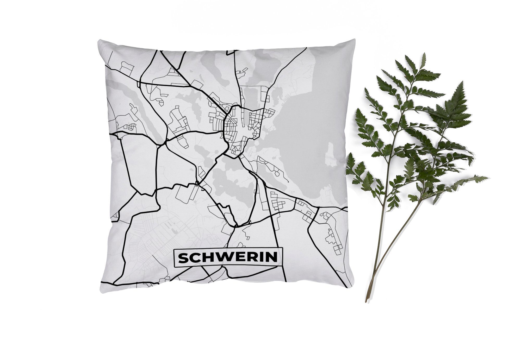 MuchoWow Dekokissen Stadtplan - Schwerin - Karte, Zierkissen mit Füllung für Wohzimmer, Schlafzimmer, Deko, Sofakissen