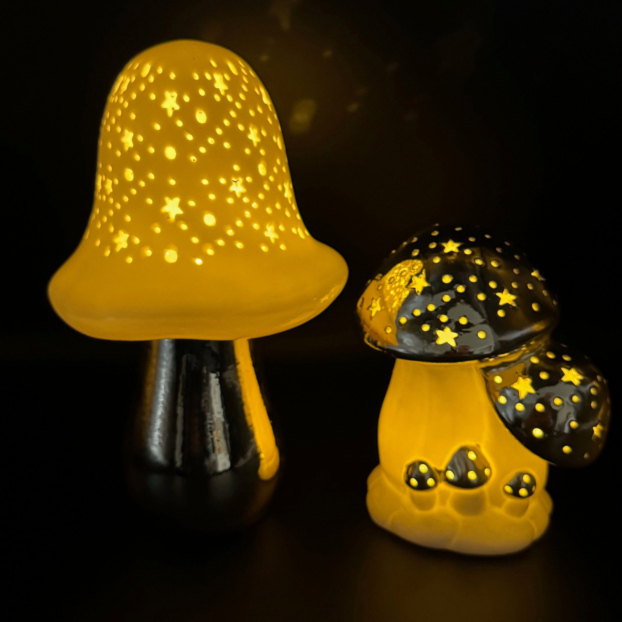 Online-Fuchs LED Dekoobjekt - 2 Pilze aus Keramik mit LED-Beleuchtung - Deko Herbst, Winter, Warmweiß oder Farbwechsel wählbar, Loch- und Sternausstanzugen, inklusive praktischer 6-Stunden Timerfunktion