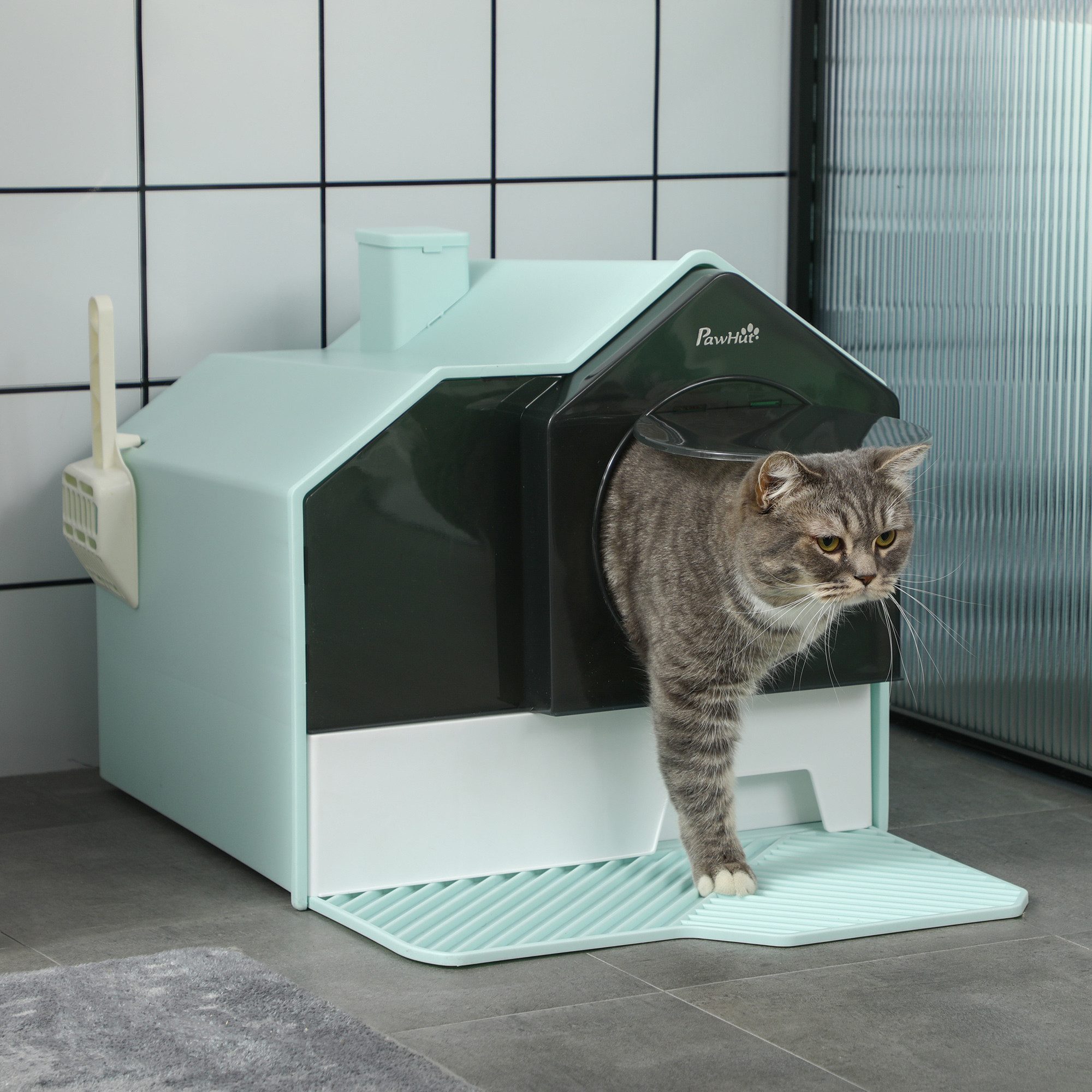 PawHut Katzentoilette Katzenklo mit Haube Katzentoilette mit Bodenwanne Schaufel Filter, für Katzen bis 5 kg, ABS, Kunststoff, Hellblau 47 x 45 x 42 cm