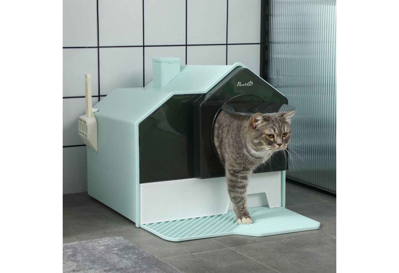 PawHut Katzentoilette Katzenklo mit Haube Katzentoilette mit Bodenwanne Schaufel Filter, für Katzen bis 5 kg, ABS, Kunststoff, Hellblau 47 x 45 x 42 cm