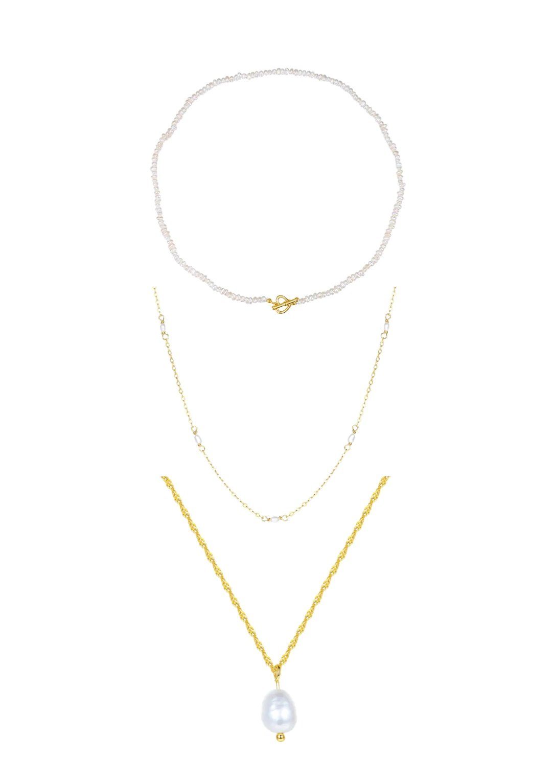 Valentinstagsgeschenk Hey Happiness Perlenketten-Set 3er Layer, Silber 925 Damen Perlenschmuck (Set), Perle Halsketten und Perlen Choker, Silber Braut