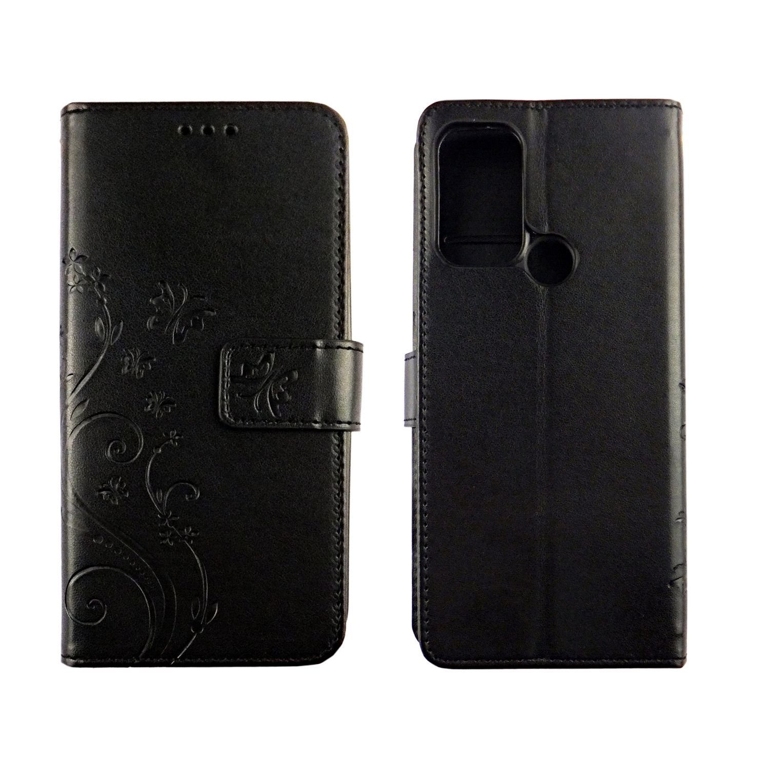 König Design Handyhülle Motorola Moto G60S, Schutzhülle für Motorola Moto G60S Tasche Handy Hülle Schutz-Cover Flip-Case mit Kartenfach Blumen Schwarz
