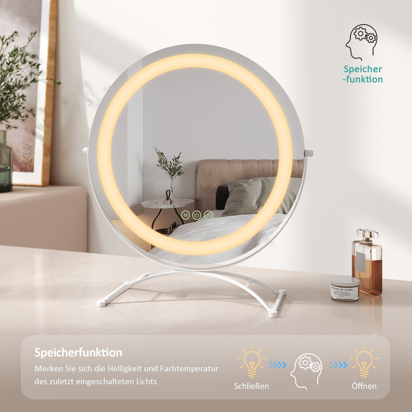 Touch, Dimmbar, mit Weiß Schminkspiegel Drehbar Runder Lichtfarben Beleuchtung, Tischspiegel Memory-Funktion, LED 360° Kosmetikspiegel Schminkspiegel mit EMKE 3