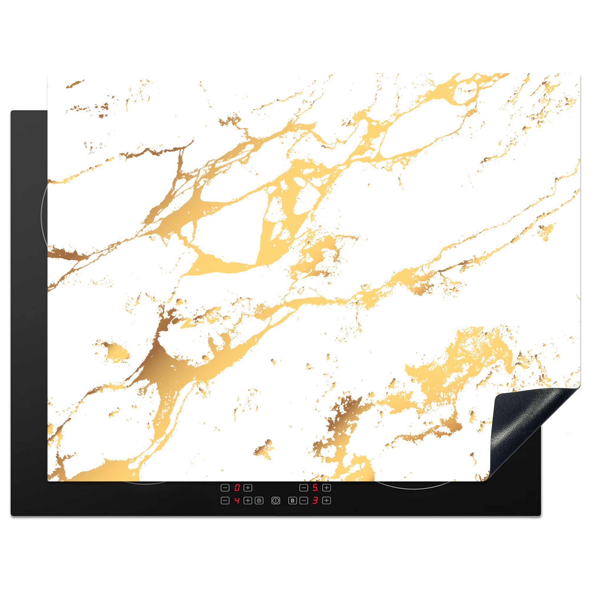 MuchoWow Herdblende-/Abdeckplatte Marmor - Weiß - Gold - Luxus, Vinyl, (1 tlg), 77x59 cm, Ceranfeldabdeckung, Arbeitsplatte für küche