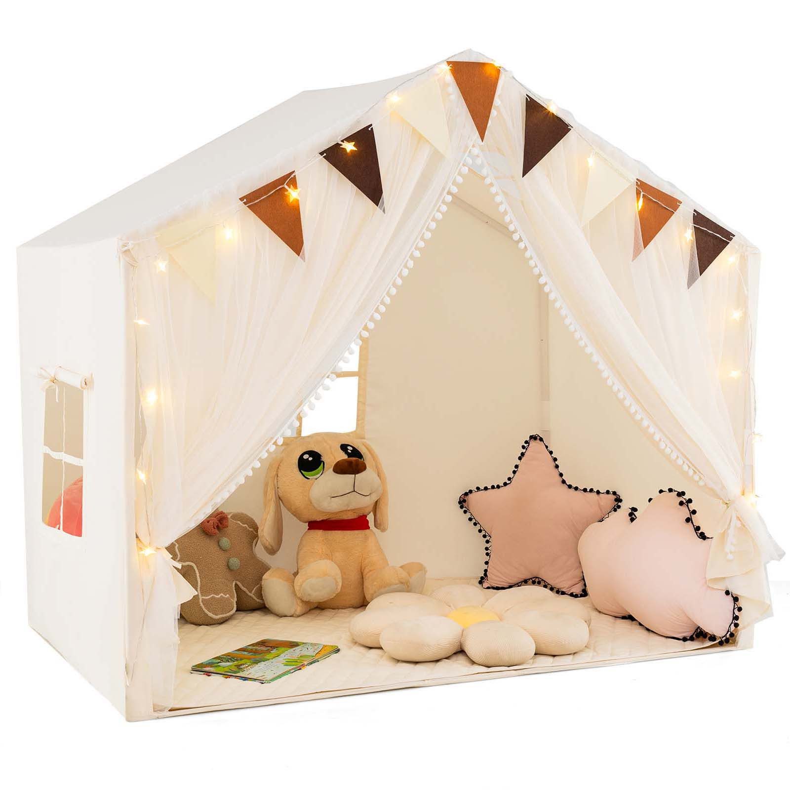 KOMFOTTEU Spielzelt Spielhaus mit Türvorhängen, Fenstern & gepolsterter Mat günstig online kaufen