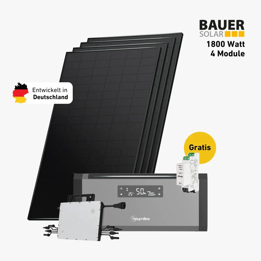 Balkonstrom Balkonkraftwerk Balkonkraftwerk 1800 Watt mit Hoymiles HiBattery 1920 AC, 900 W, Monokristallin, (Hoymiles HiBattery 1920 AC Stromspeicher), Made in Germany Kabel