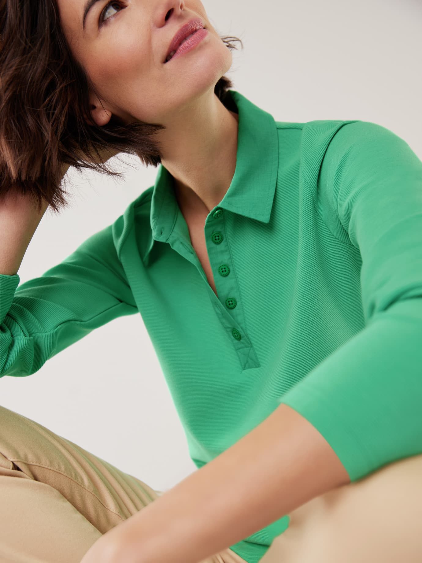 Walbusch Poloshirt Damen Ottoman Shirt Langarm formstabil pflegeleicht Bi-elastisch Ottoman-Qualität, weicher Viskosemix, gewebter Polokragen