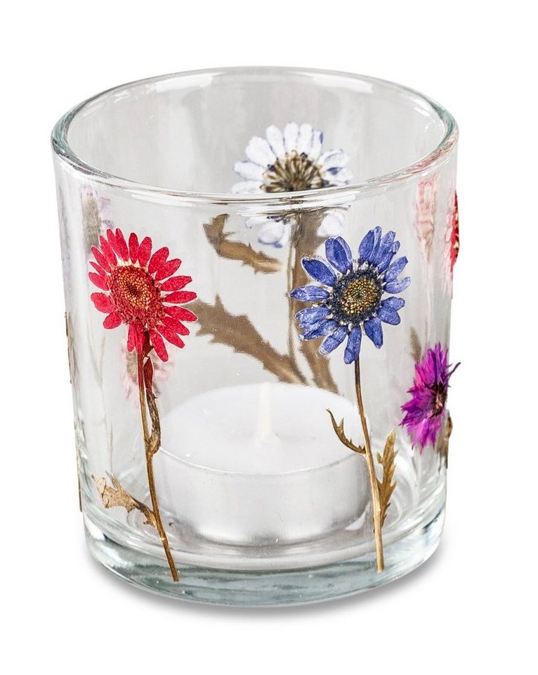 dekojohnson Windlicht Windlicht-Glas Teelichthalter Trockenblumen 8cm