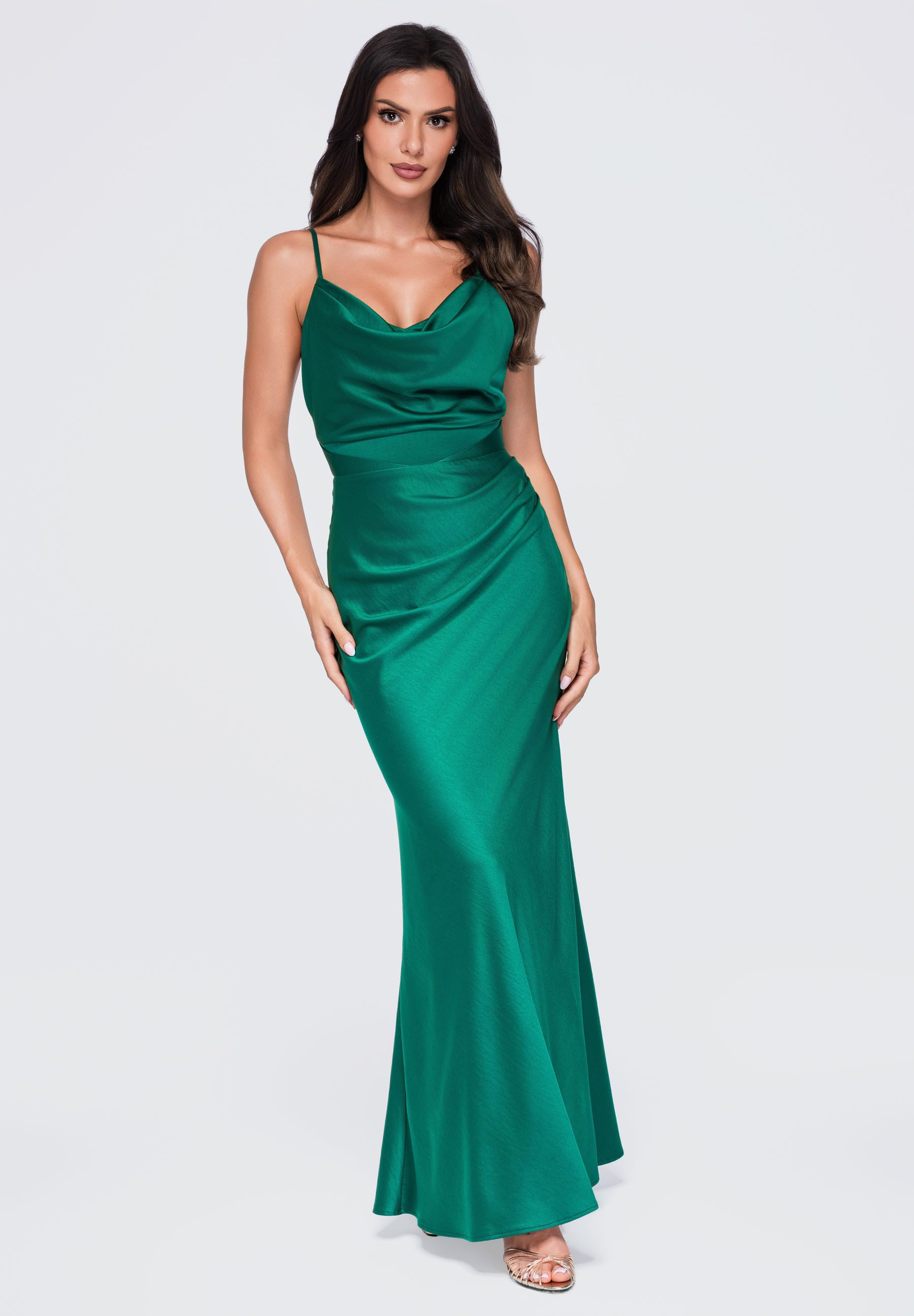 OMBRE Abendkleid Damen Abendkleid mit Drapierung und Spaghettiträgern Bottle green L (kein Set, 1-tlg) in Unifarbe