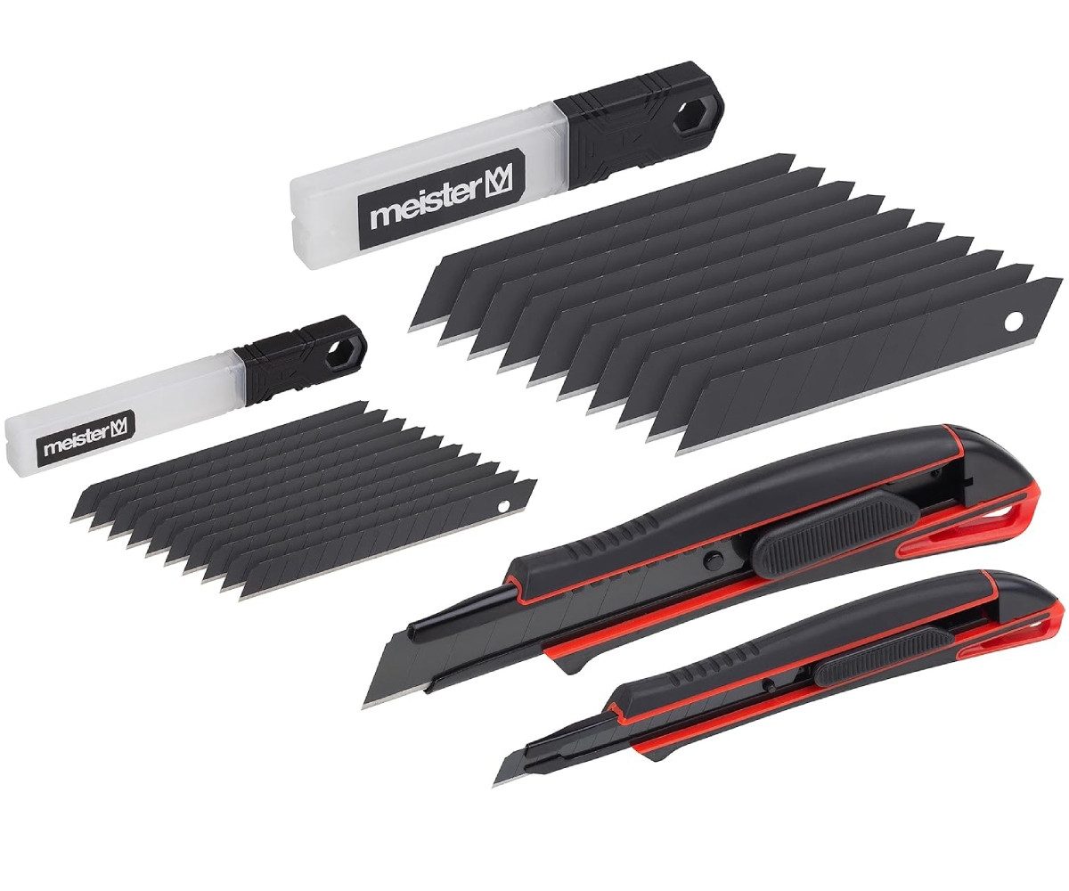 Meister Werkzeuge Cuttermesser Cuttermesser Set Black Line Teppichmesser 18mm und 9mm ink. 20x Klinge, Klinge: 18 cm, Extrascharfe Schnitte