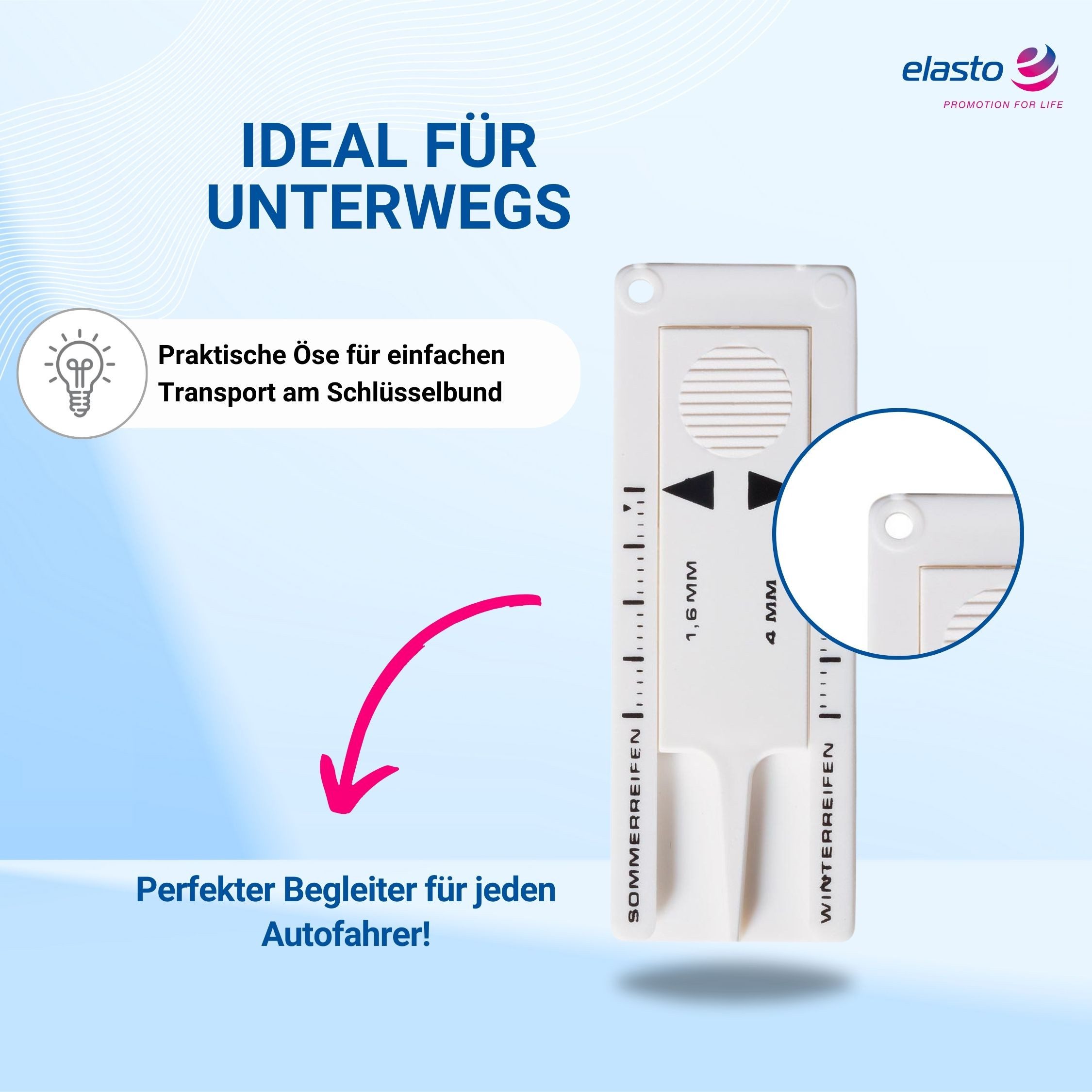 elasto Schlüsselanhänger Reifen Profiltiefenmesser 0-20 mm Messbereich To Go – Bild 2 von 5