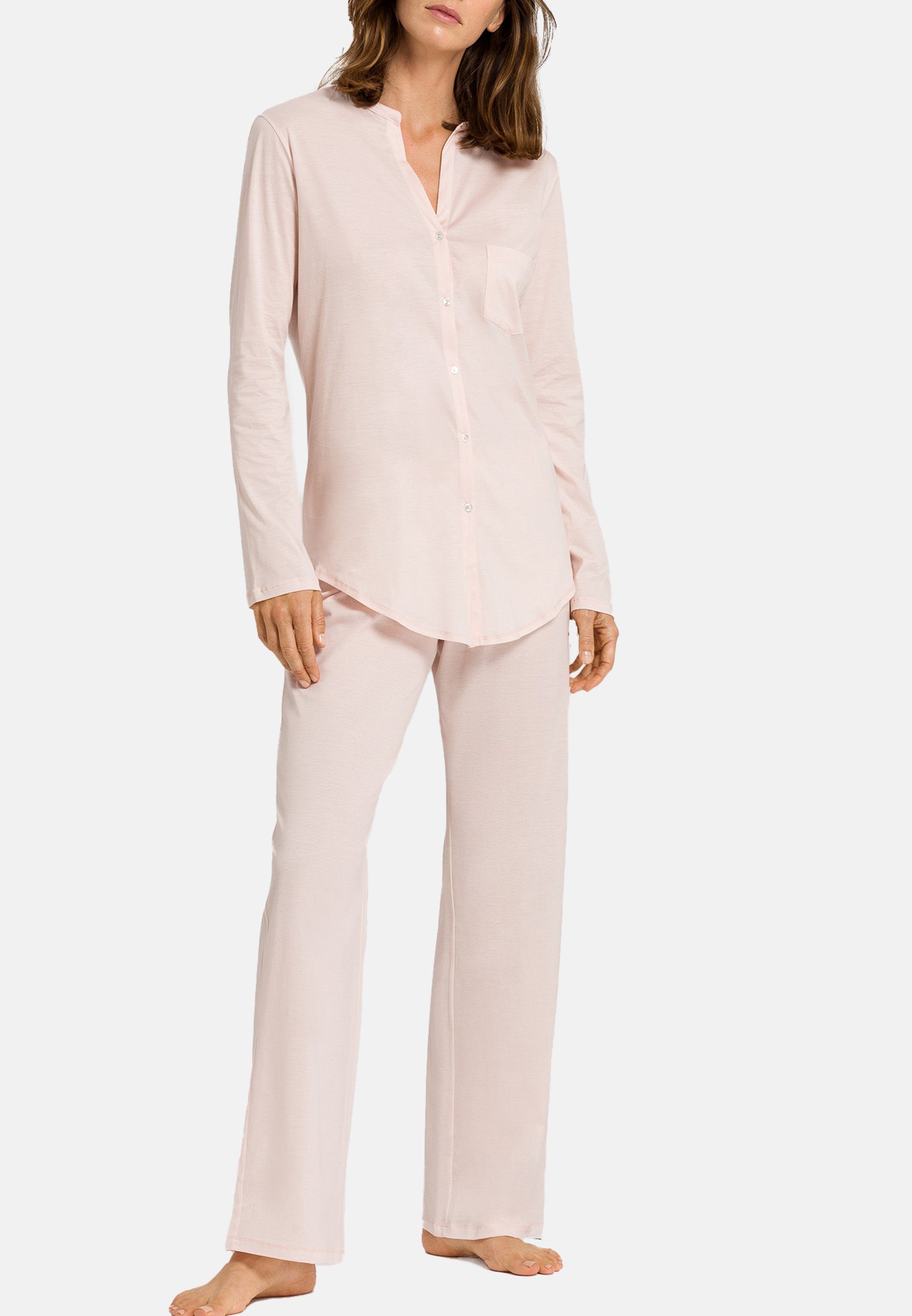 - 2 Pyjama Mit Crystal und tlg) - Hanro pink Deluxe Baumwolle Cotton Mandarinkragen Knopfleiste, (Set, Pyjama Brusttasche