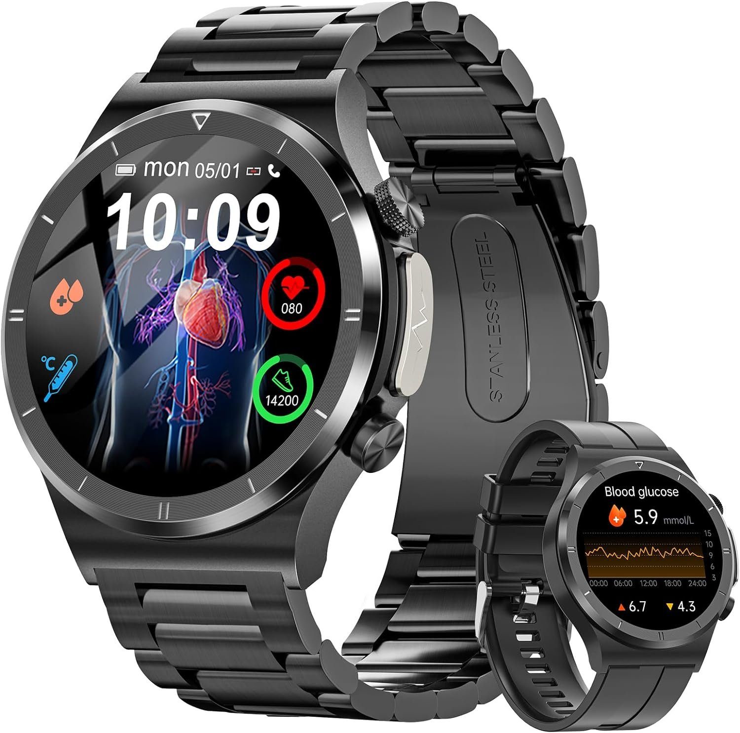 HASAKEI Smartwatch (1,39 Zoll, Android, iOS), Herren mit  Blutzuckermessung24/7 Schlafmonitor Fitnessuhr 120Sportmodi