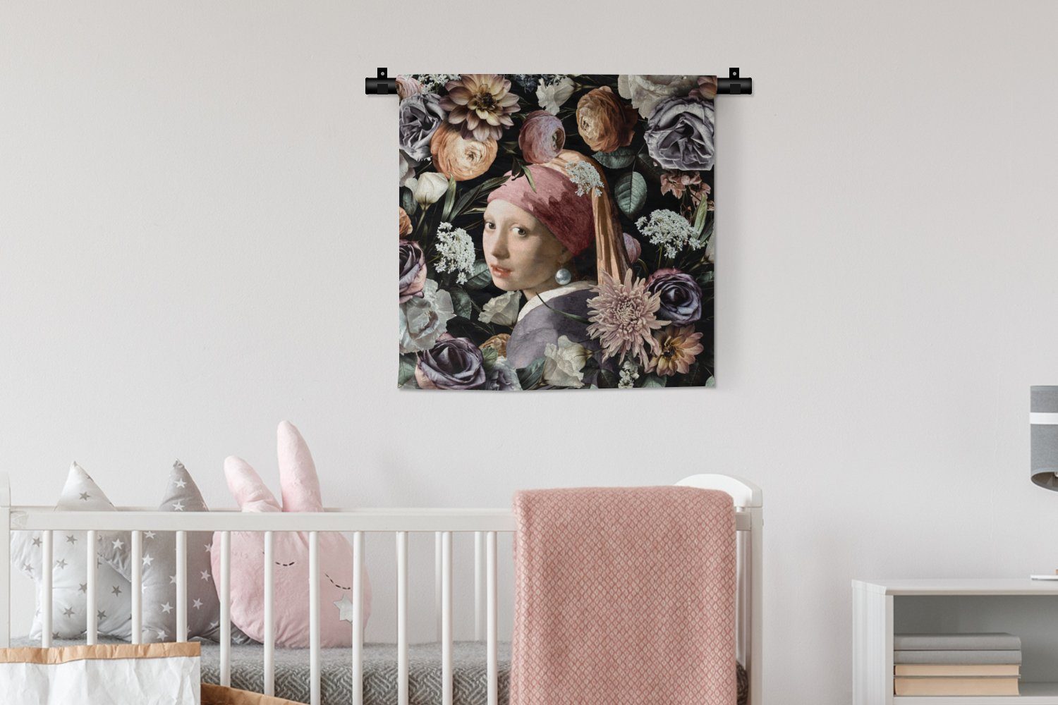 Vermeer Schlafzimmer, Wohnzimmer, Kunstwerk mit - - Kinderzimmer - Kleid, Wanddeko MuchoWow Wandbehang, für Mädchen Wanddekoobjekt Perlenohrring - -, Blumen Pastell