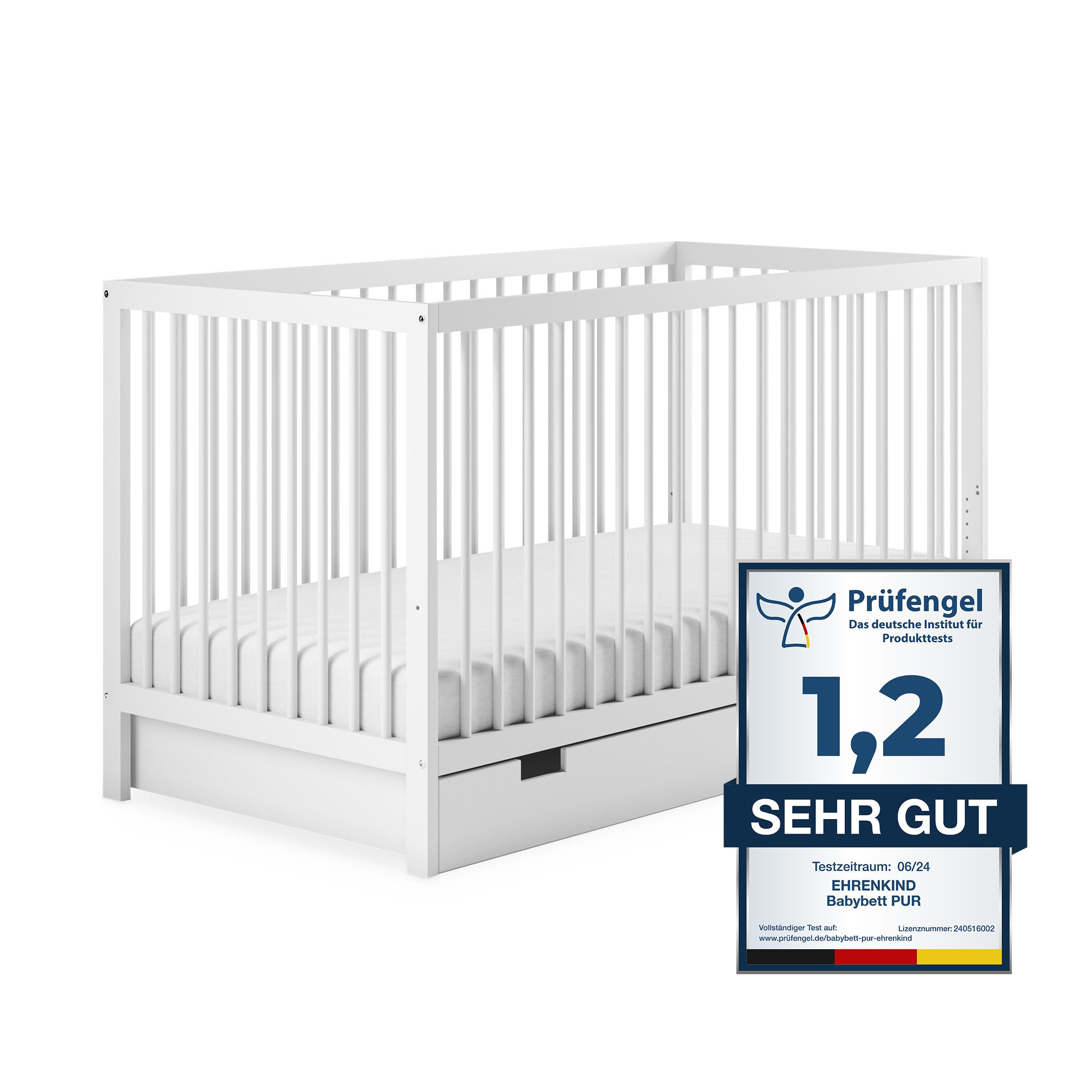 Ehrenkind Babybett PUR aus massivem Buchenholz, flexibel höhenverstellbar, Gitterbett, Kinderbett 9-Fach höhenverstellbar mit entnehmbaren Stangen Baby Bett
