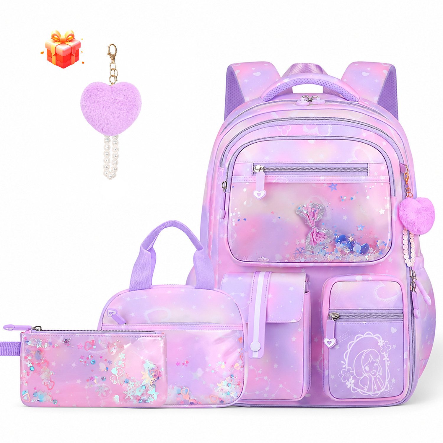 MOPUEA Schulrucksack Schulrucksack Set 3-teilig, Rucksack mit Lunch-Tasche und Mäppchen (3-teiliges Schulrucksack-Set mit Lunch-Tasche und Federmäppchen im Set, Rucksack 45×32×18 cm, Lunch-Tasche 24×18×13 cm, Mäppchen 21×11 cm groß), Viele Fächer, Rückentasche, wasserabweisend, robust und sehr leicht XL