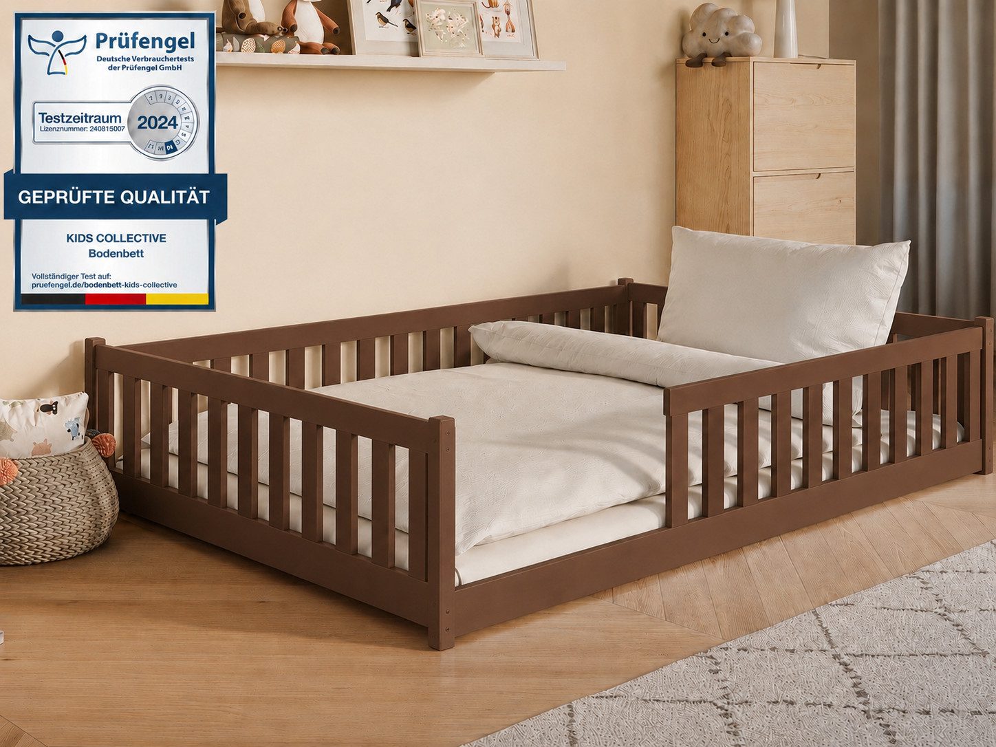 Kids Collective Kinderbett Bodenbett Bett mit Rausfallschutz & Lattenrost Montessori Bett Kinder (Jungen, Mädchen, Kinder, weitere Größen 80x160, 80x180, 90x190, 90x200, 120x200 cm), mit Matratze Jugendbett Einzelbett Zartbitterschokolade 140x200 cm