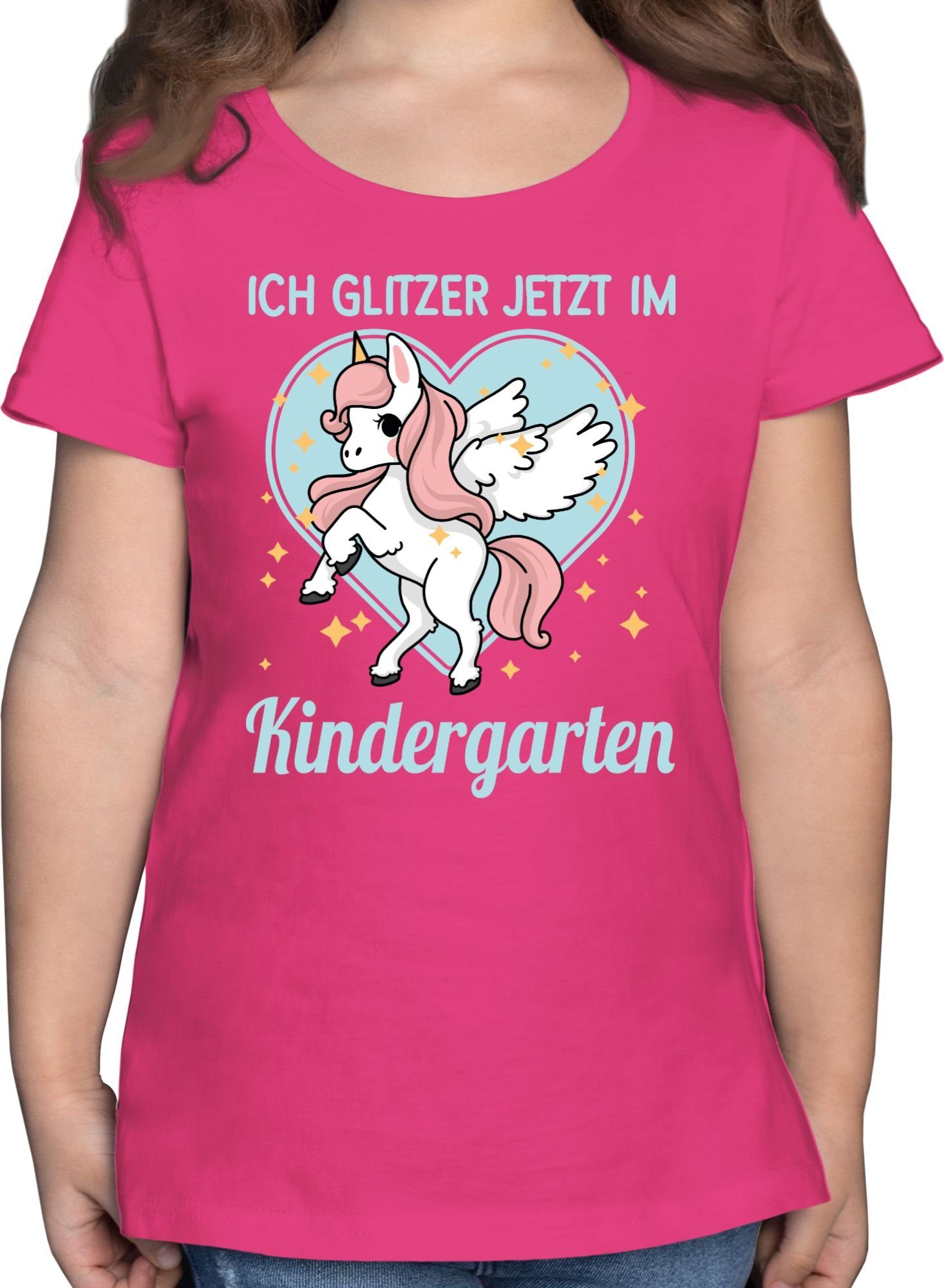 Shirtracer T-Shirt Glitzer jetzt im Kindergarten - Einhorn Hallo Kindergarten 1 Fuchsia